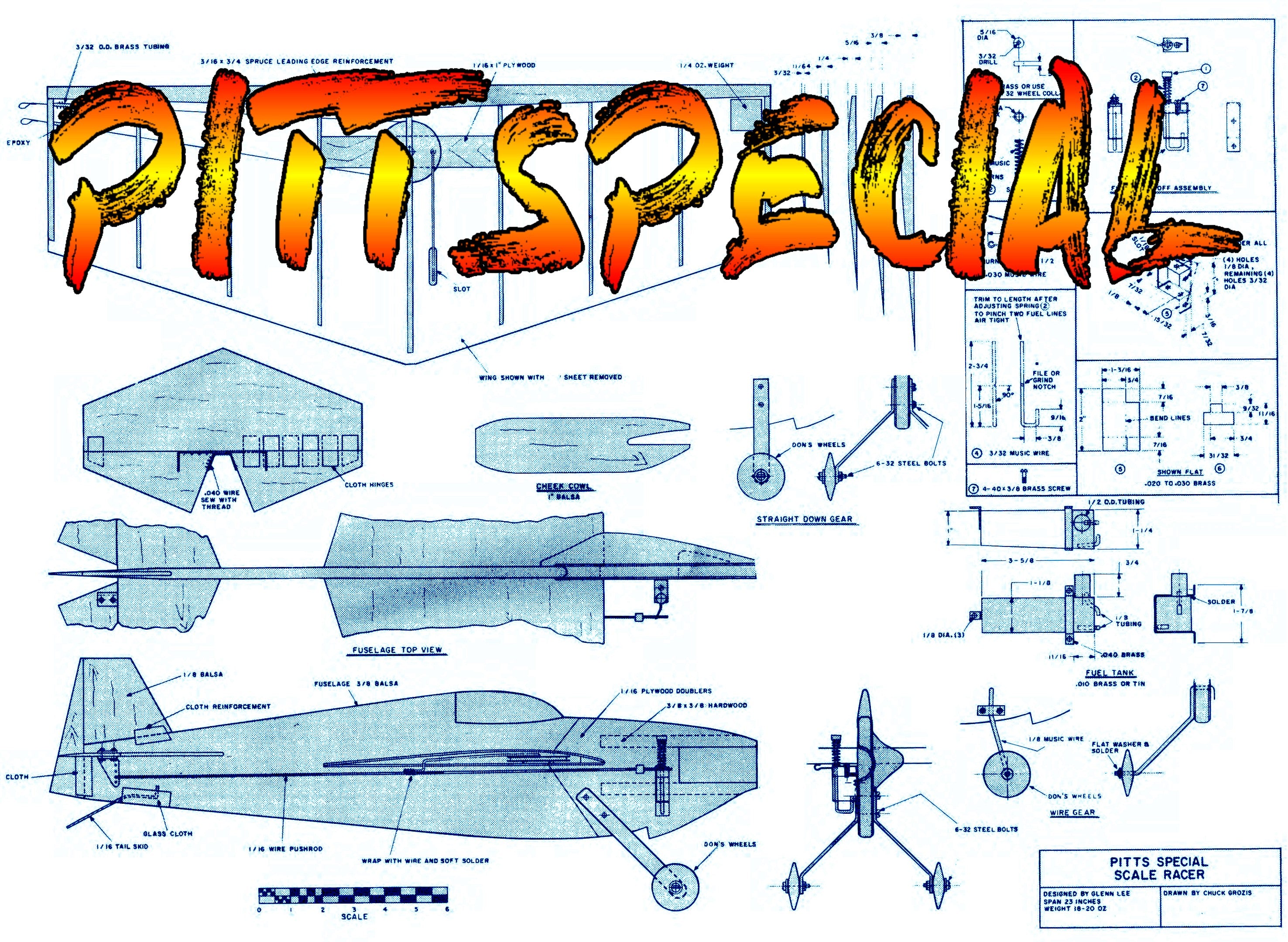 full size printed plan goodyear profile racer scale 1:8 control line "pitt special"