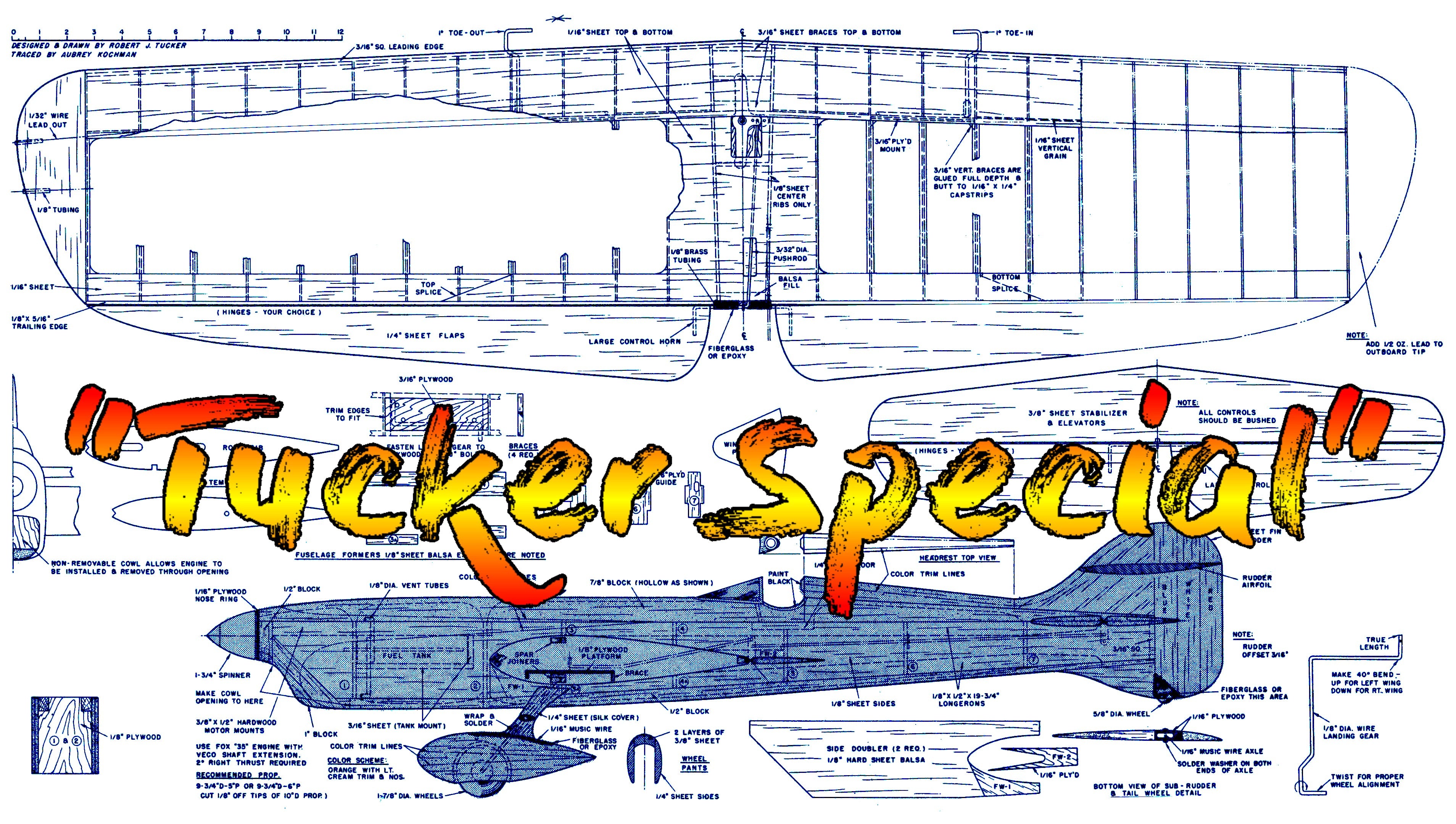 full size printed plan vintage 1962 control line stunt with flaps "tucker special" best stunt design of the year