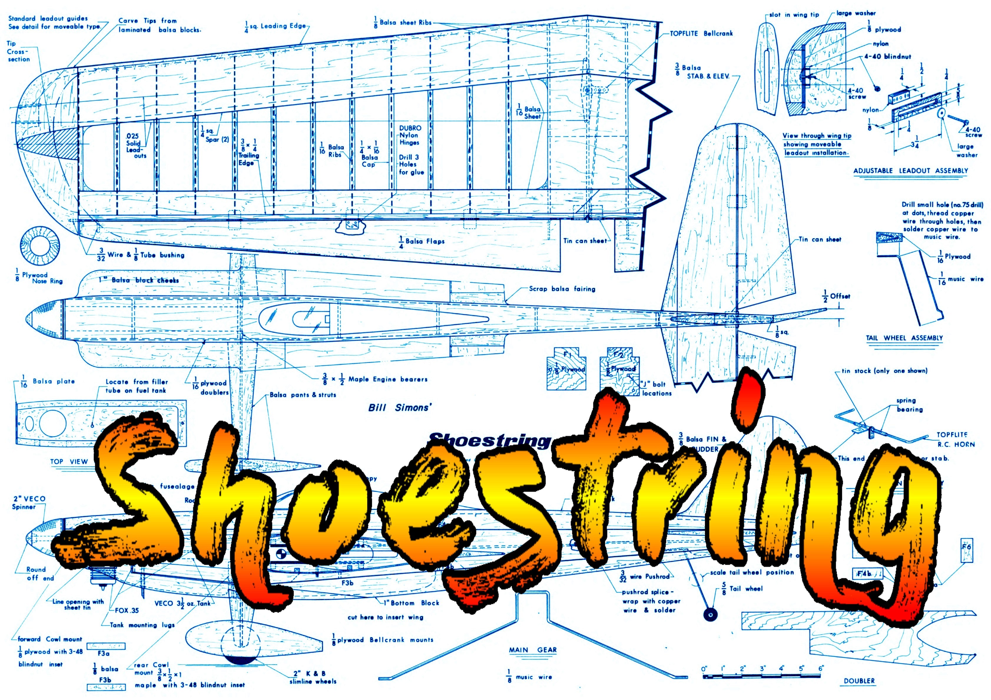 full size printed plan nostalgic 30 semi-scale controline stunt "shoestring" w/s 57"  engine .3