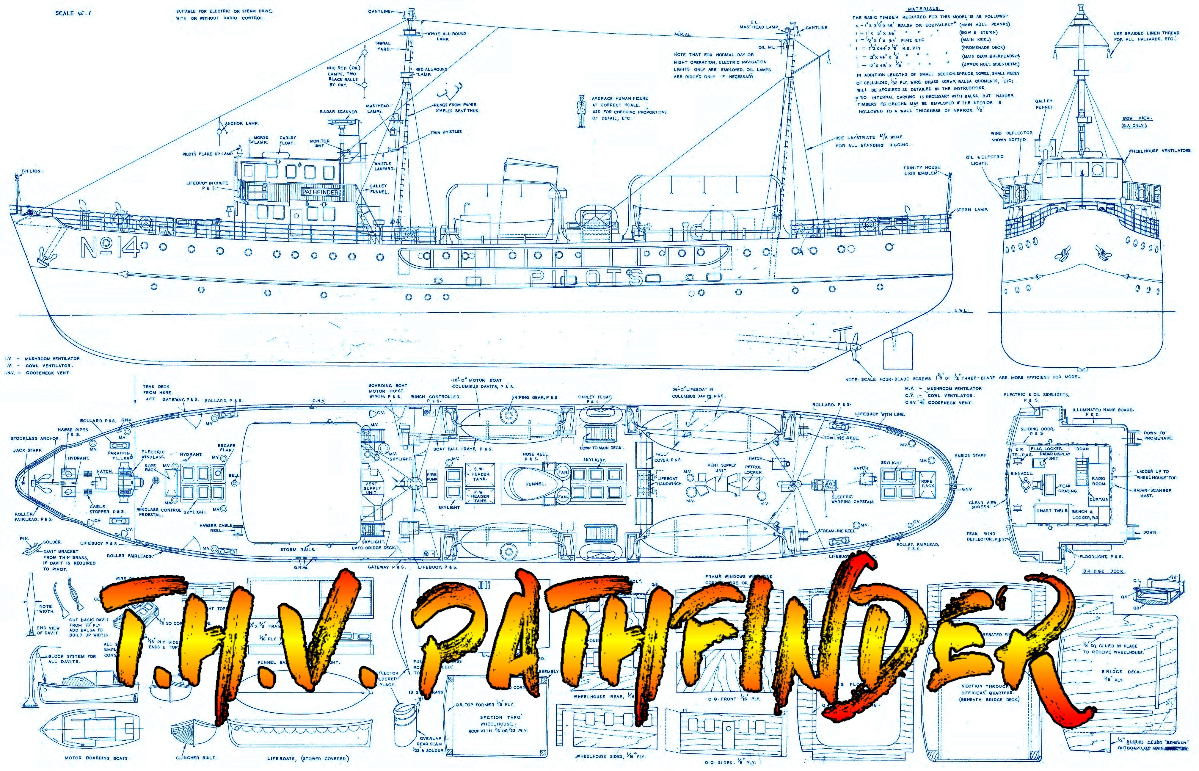 full size plans scale ¼”=1ft length 43 7/8” pilot tender t.h.v. pathfinder suitable for radio control