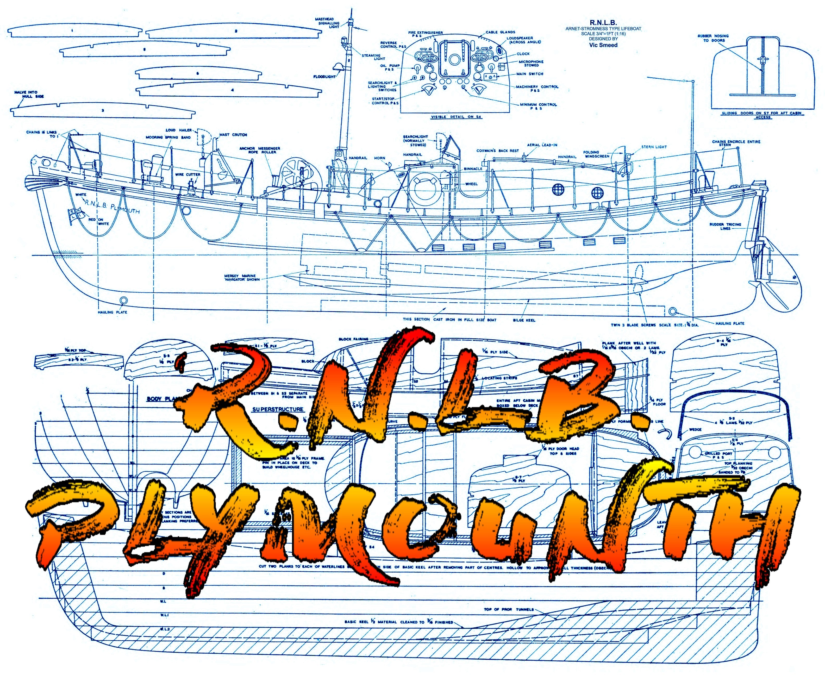 full size printed plans scale 1:16, r.n.l.b.  lifeboat l 39”  b11”  suitable for radio control