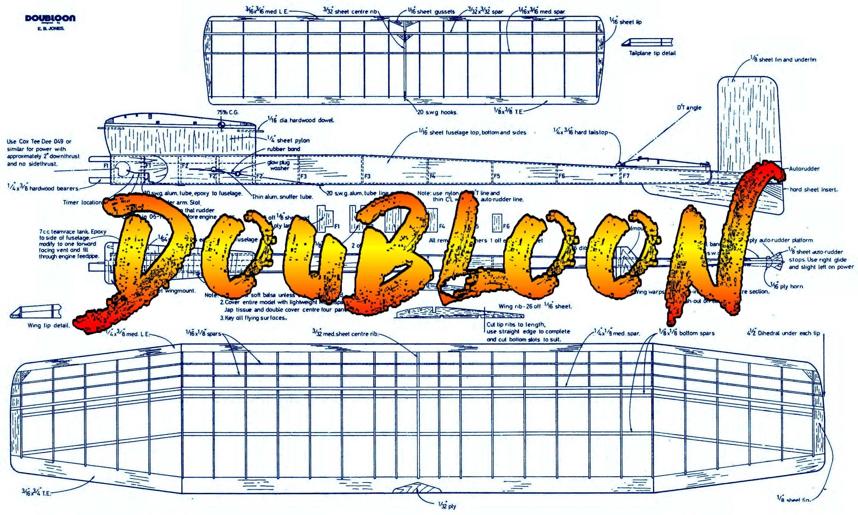 full size printed plan vintage 1975  1/2a free flight doubloon  straightforward design