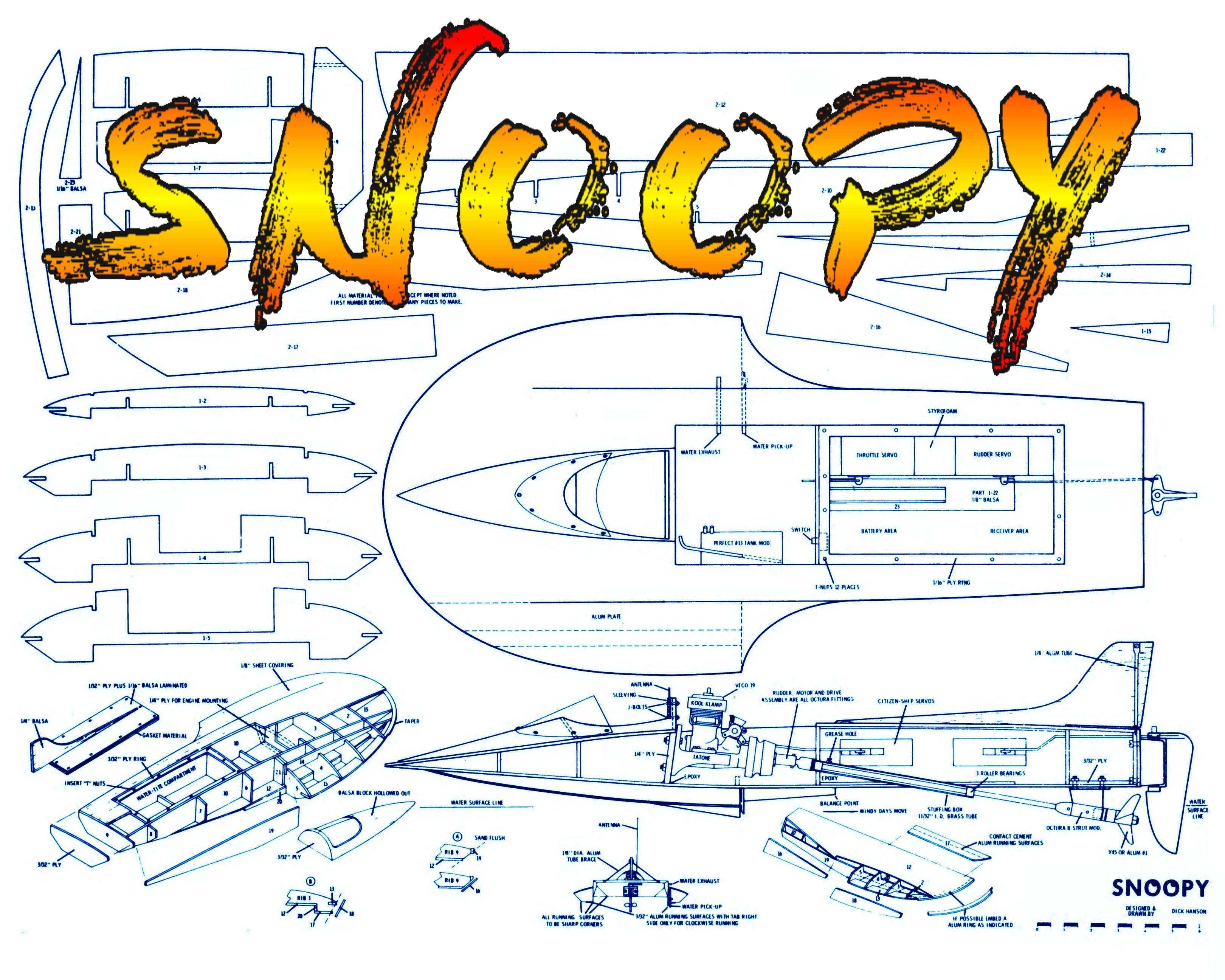 full size printed plan 1968 record breaking hydro "snoopy" l 28” b 13 3/8”  engine .19 for radio control