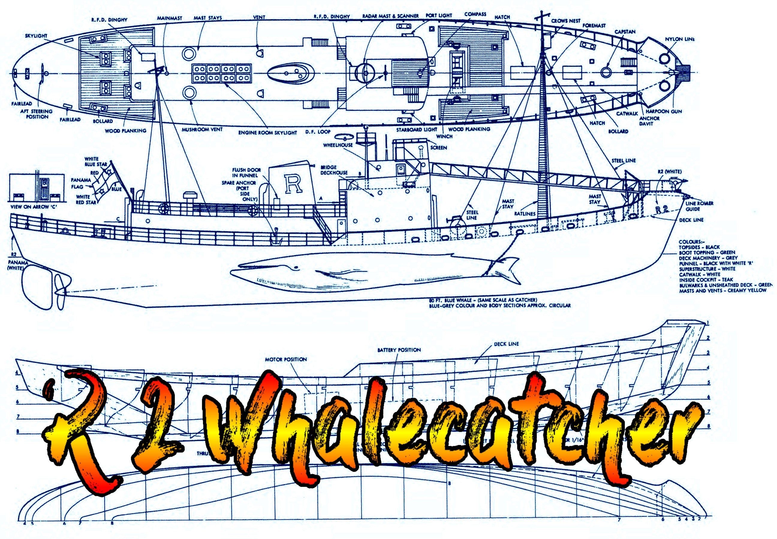 full size printed plan vintage 1960s " r‑2 whalecatcher" semi scale for radio control