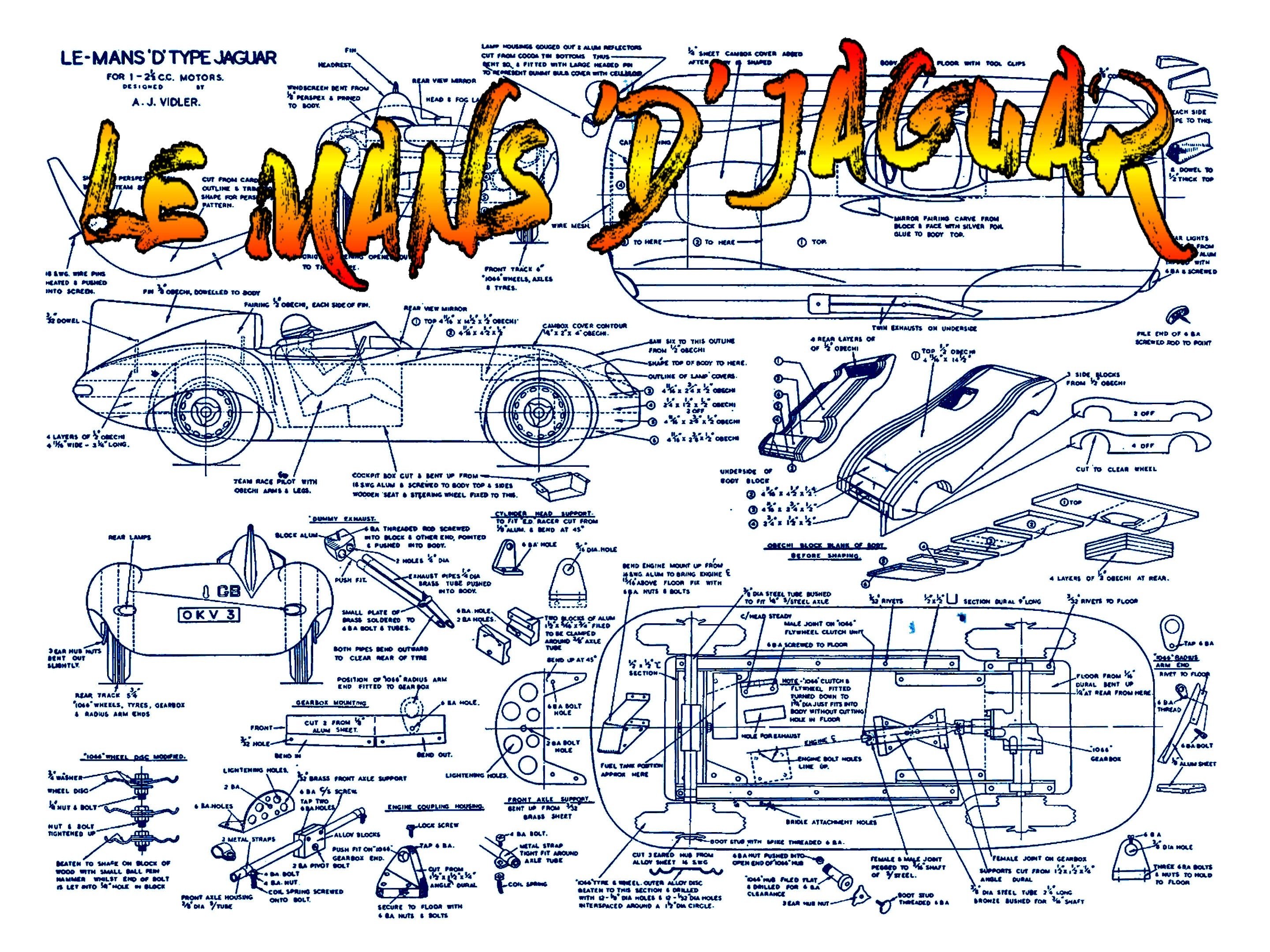 listing is for printed plans le mans 'd' jaguar scale 1:8  length 19 1/4”  power .15 engine or convert to electric motor suitable for radio control