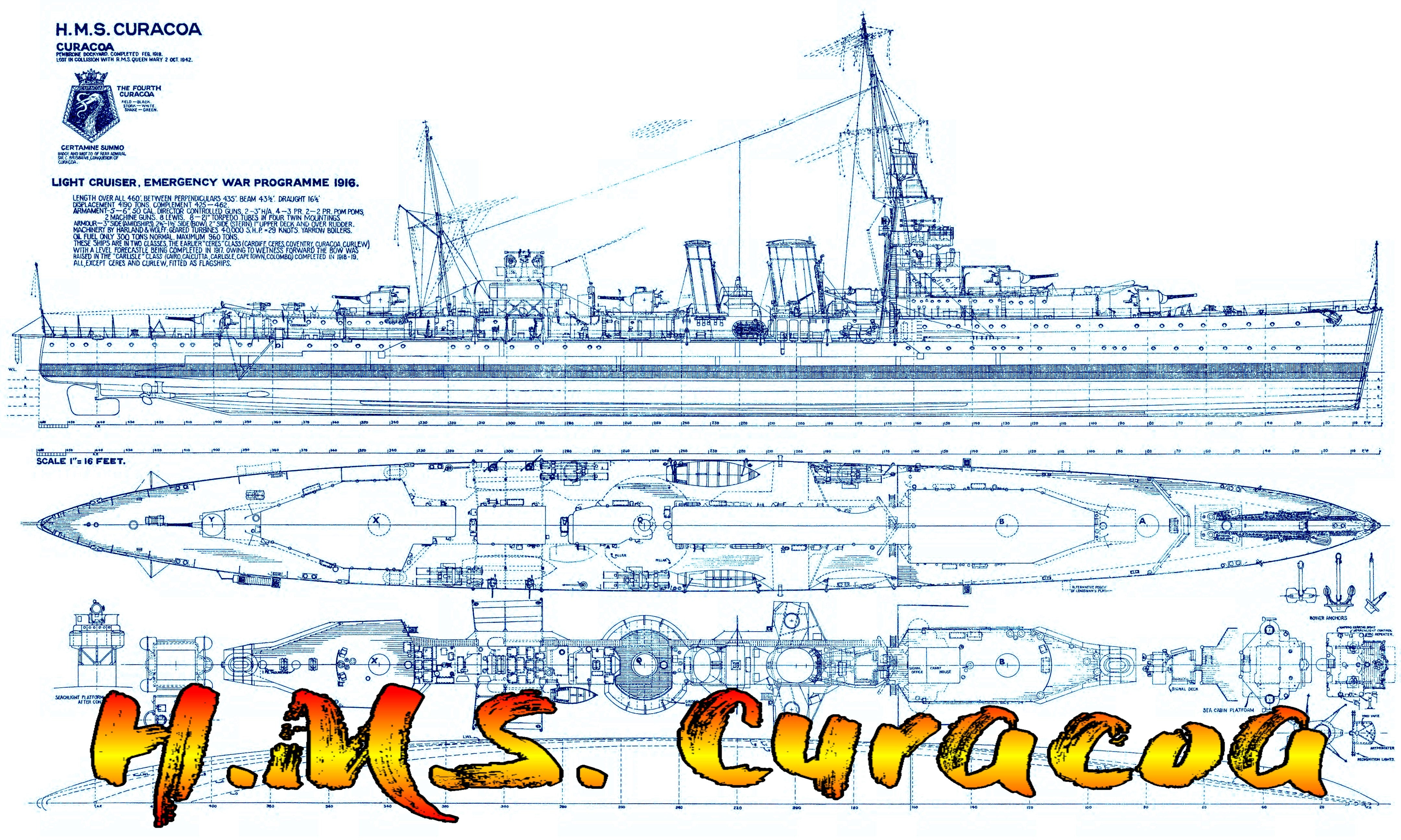 full size printed line drawings  scale 1:96 c-class light cruiser. hms curacoa l 57 1/2" suitable for radio control