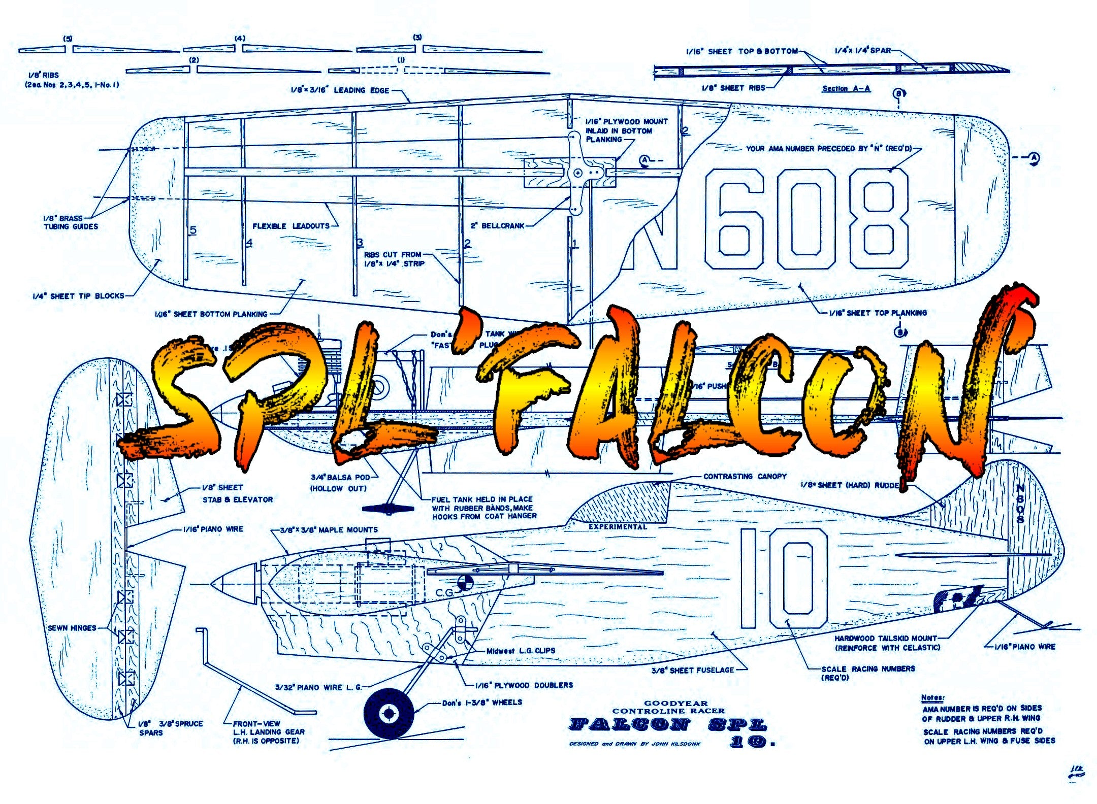 full size printed plan vintage 1968 goodyear profile class control line  spl ‘falcon’