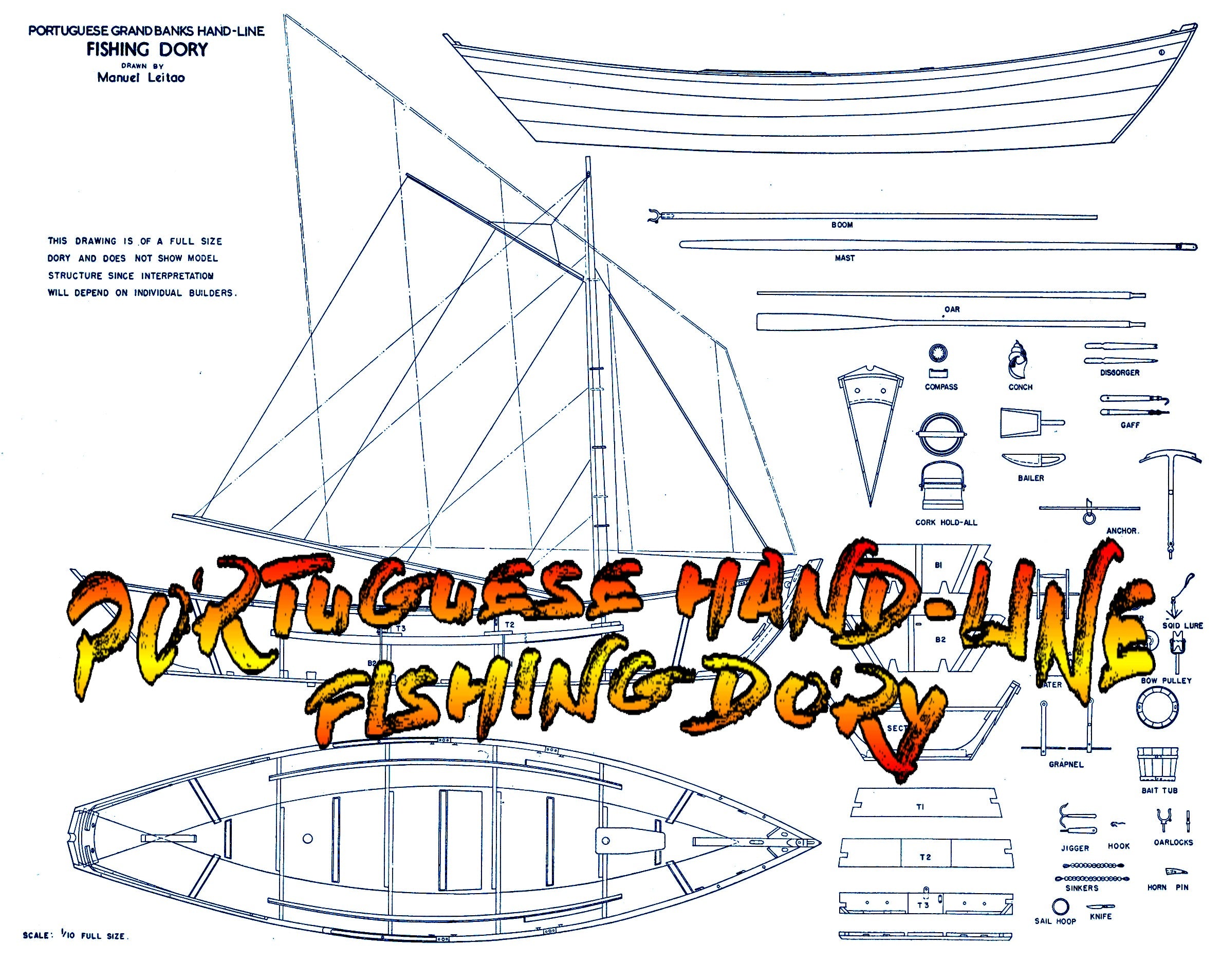 full size plans scale 1/10 portuguese hand-line fishing dory