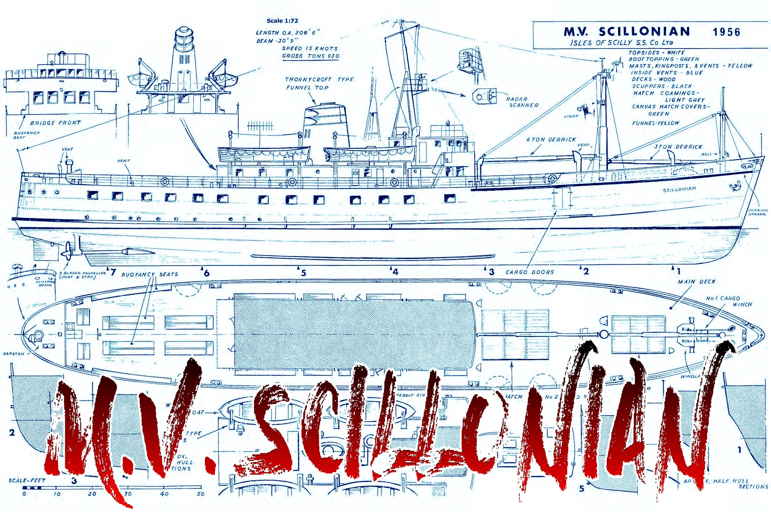 full size printed plans passenger ferry m.v. scillonian scale 1:72 suitable for radio control