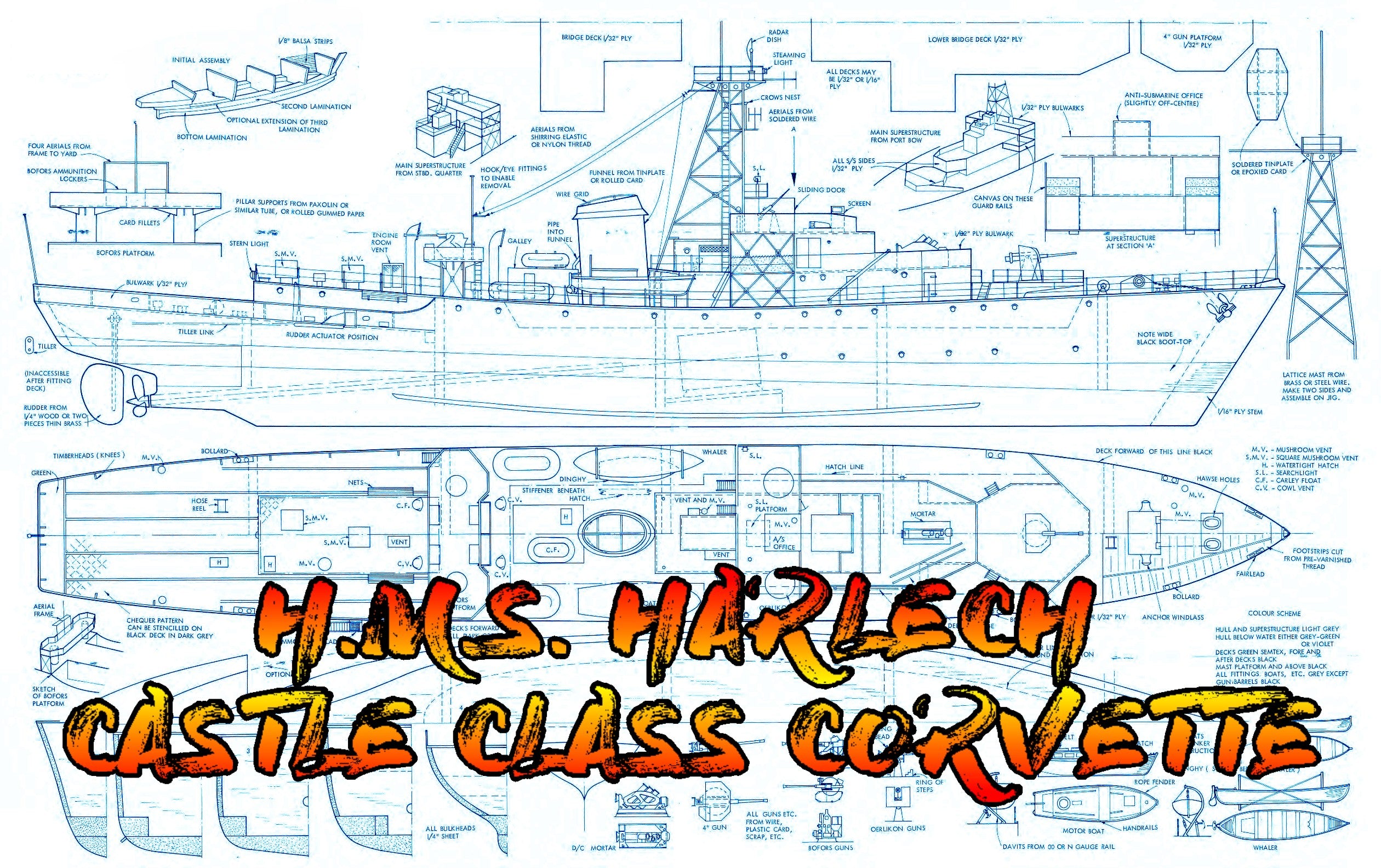 full size printed plans castle class corvette 32" 1:96 scale  for radio control