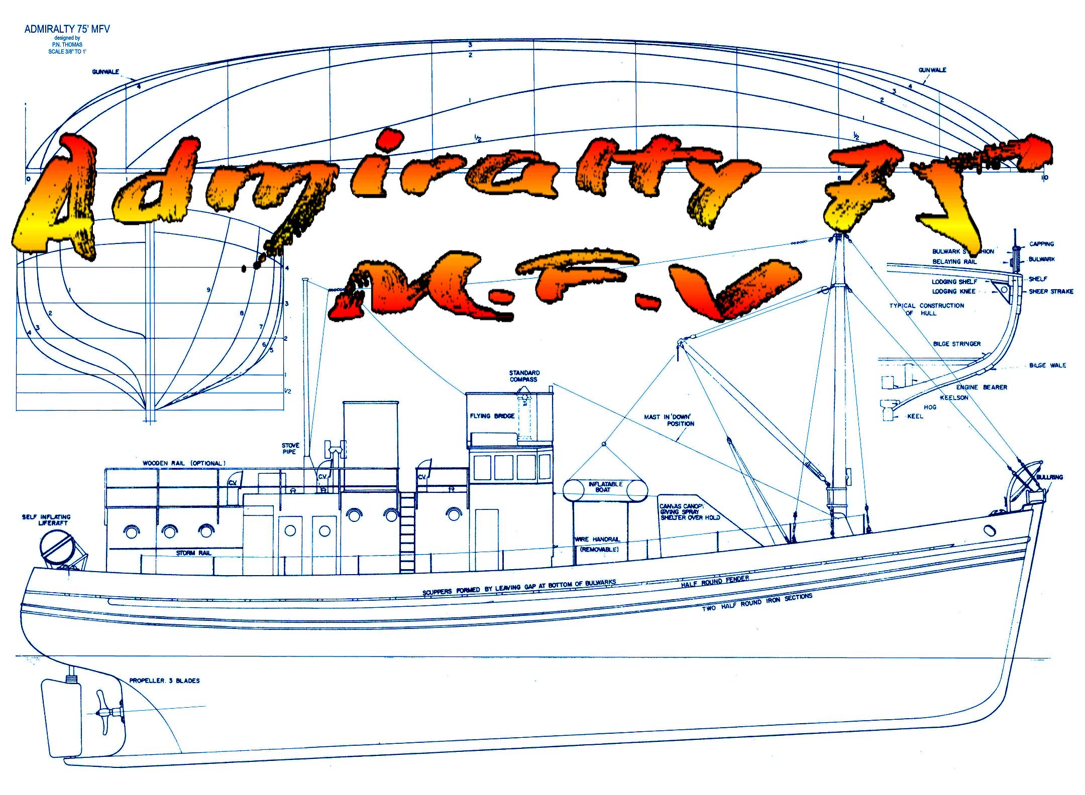full size printed plan scale 1/32 admiralty 75' m.f.v fishing boat suitable for radio control