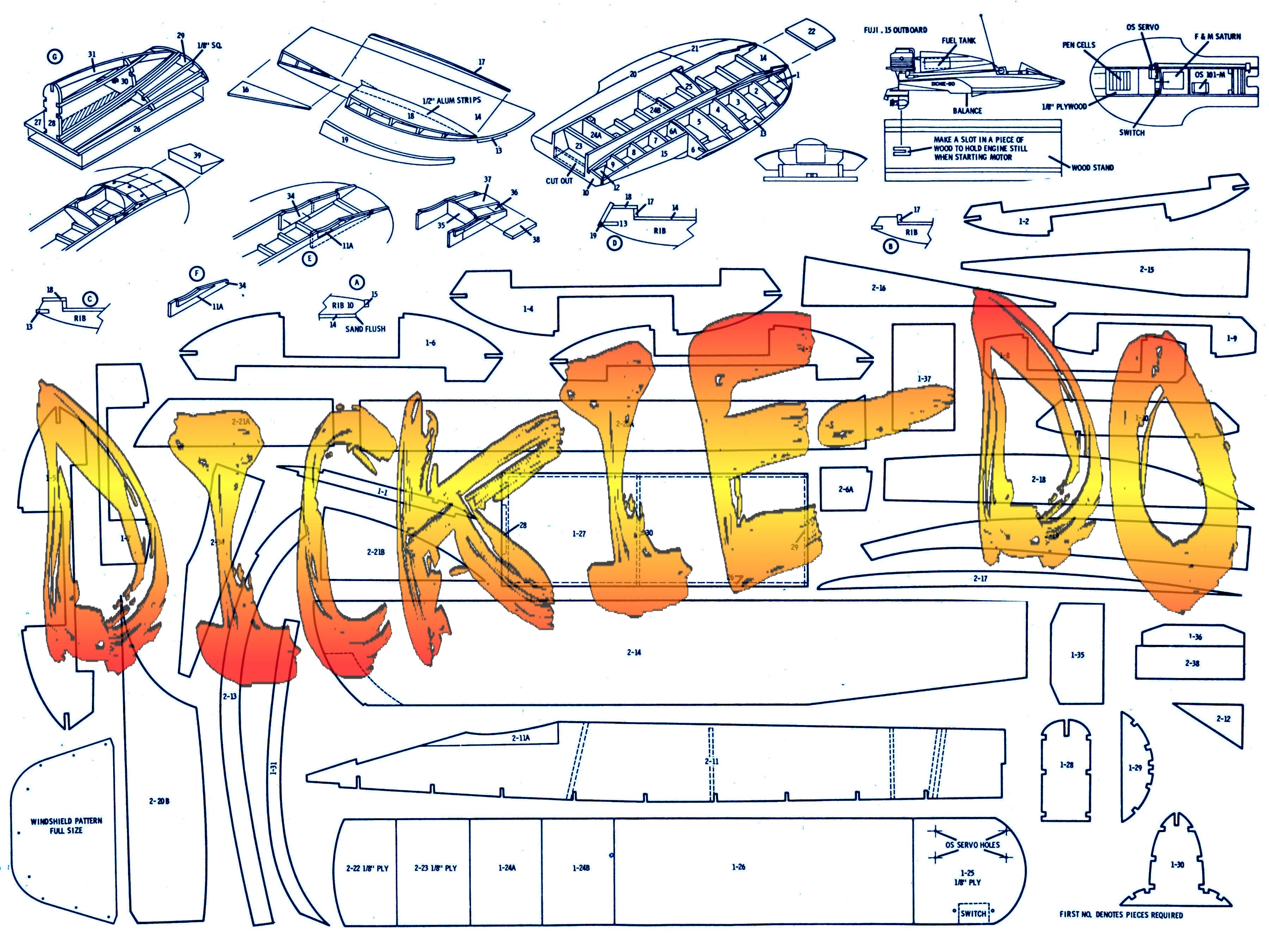 full size printed plans l 20” outboard racing hydroplane dickie-do for radio control