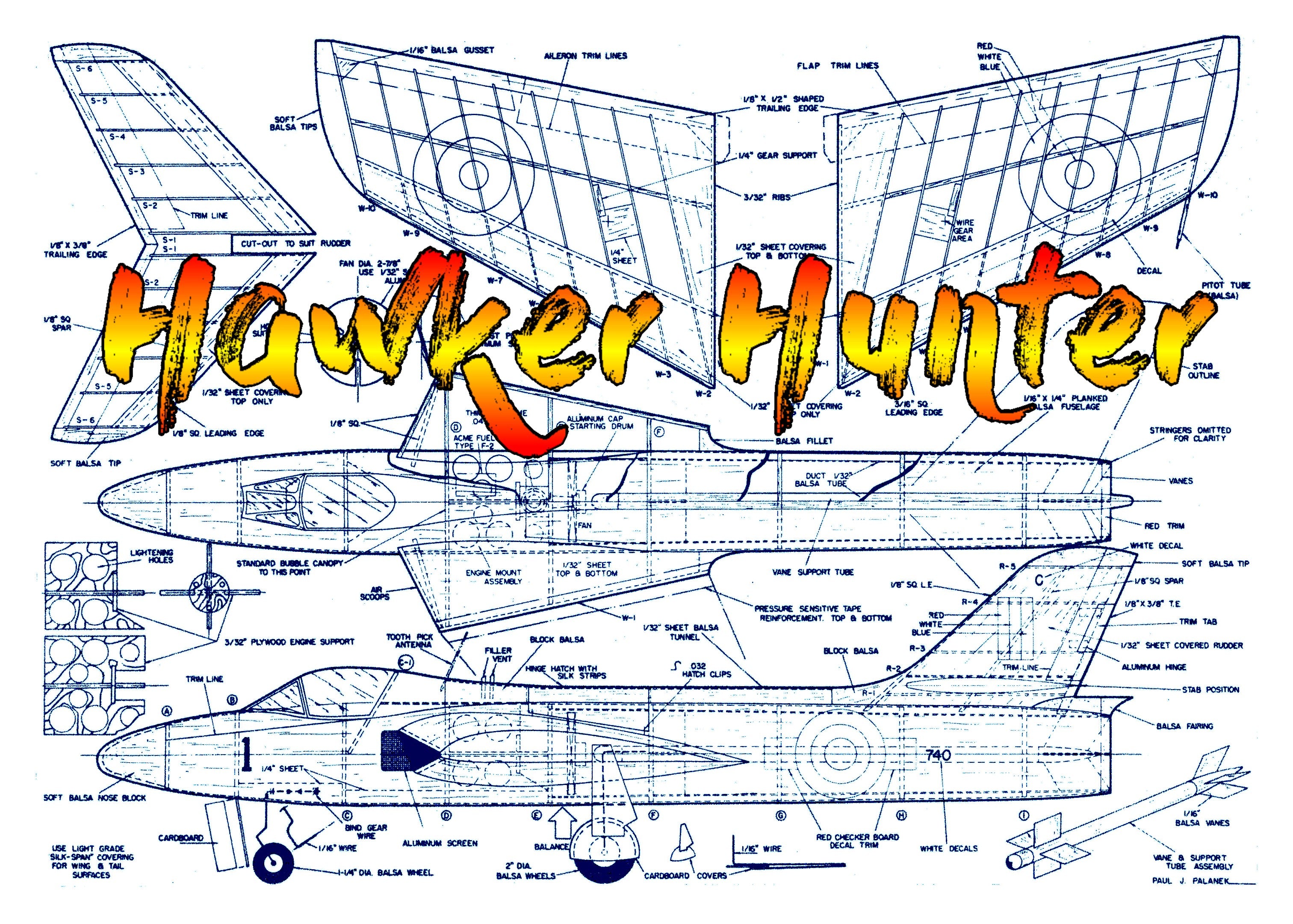 full size printed plan semi-scale 1:12 free flight hawker hunter .049 ducted fan