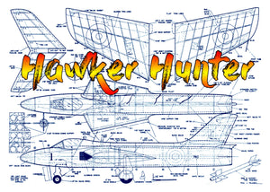 full size printed plan semi-scale 1:12 free flight hawker hunter .049 ducted fan