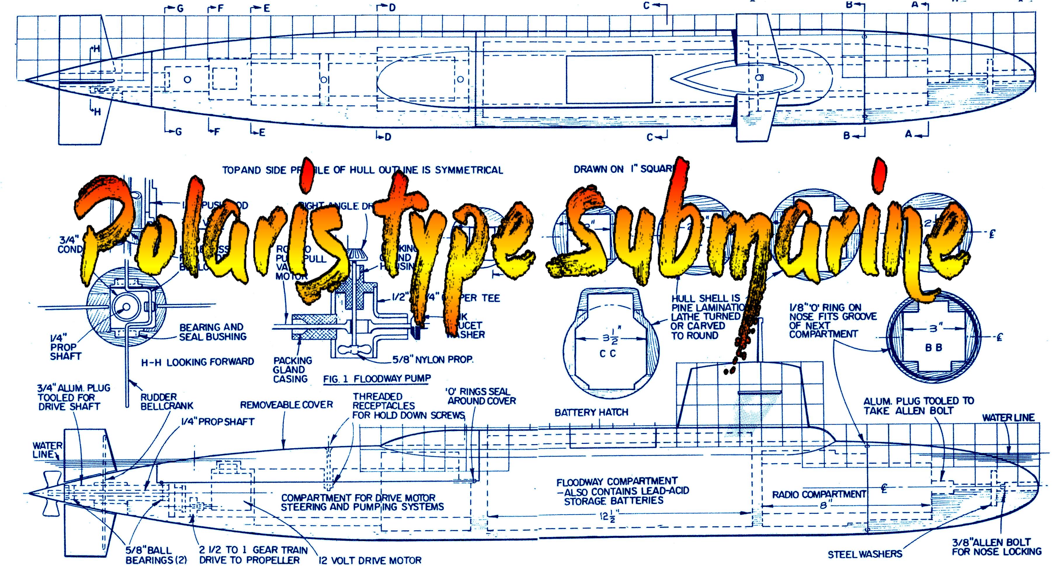 full size printed plan to build a 1:96 scale polaris type submarine suitable for radio control