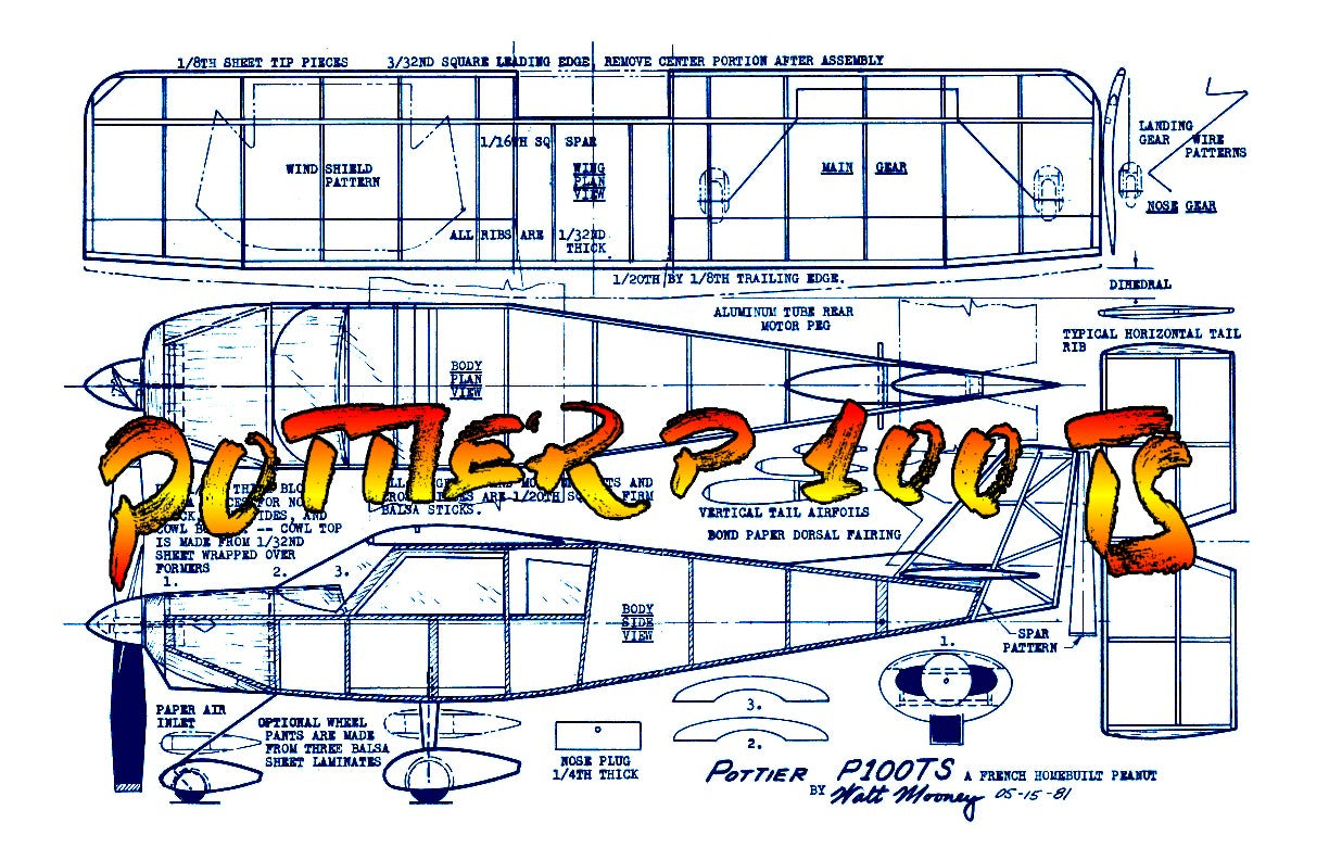 full size printed plans peanut scale "pottier p 100 ts"  fine performing peanut model