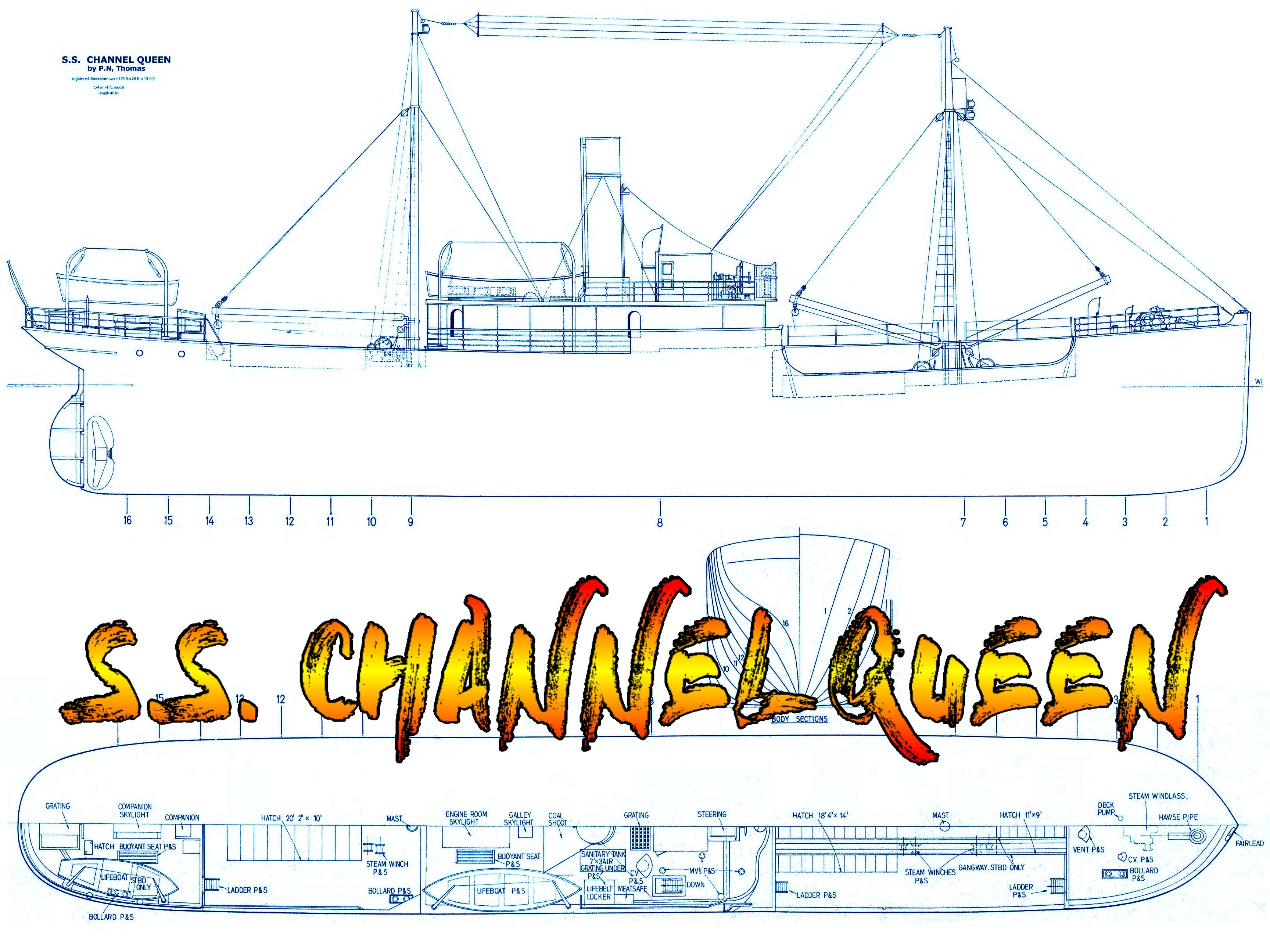 full size printed plan scale 1/4"= 1ft  steamer “s.s. channel queen” suitable for radio control