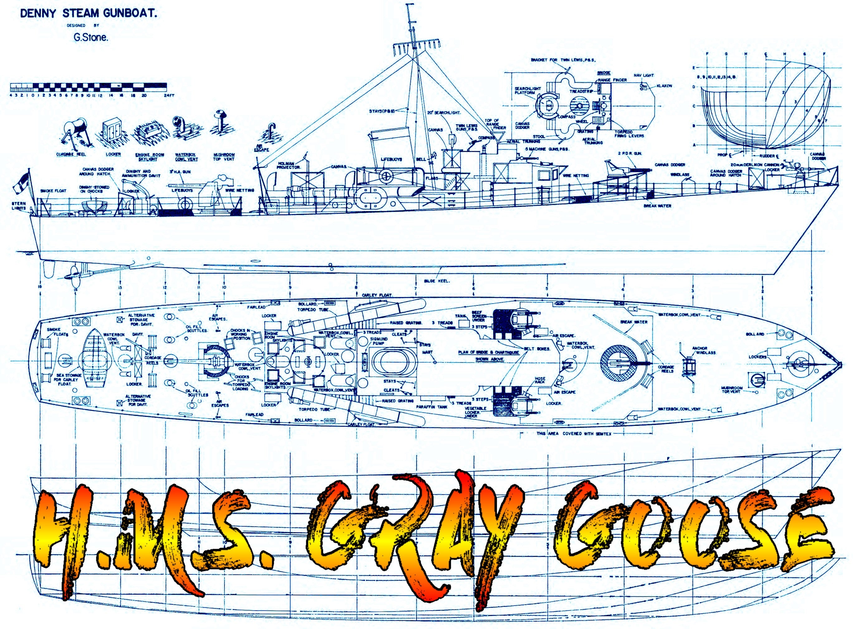 full size printed 1:48 denny type steam gunboat plan & article suitable for radio control