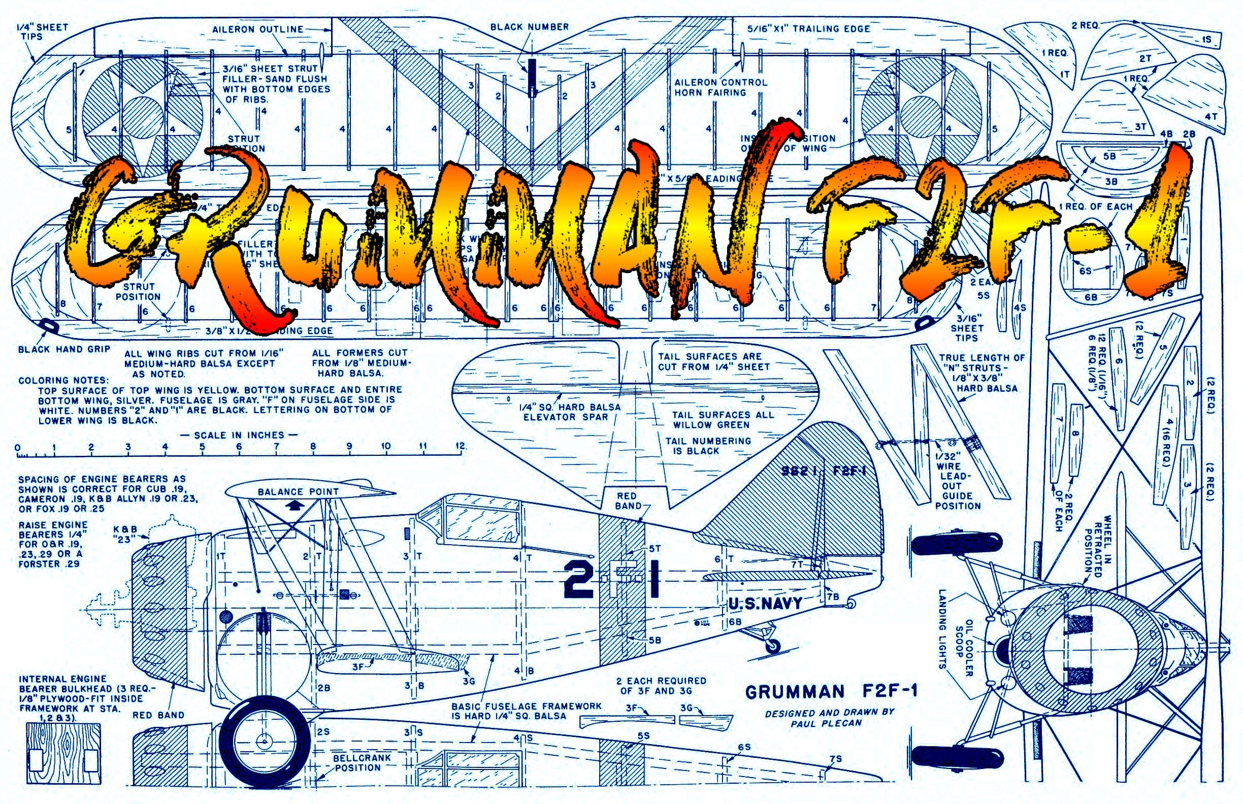full size printed plans control line scale 1:12 (1”=1’) wingspan 28 1/2” grumman f2f-1