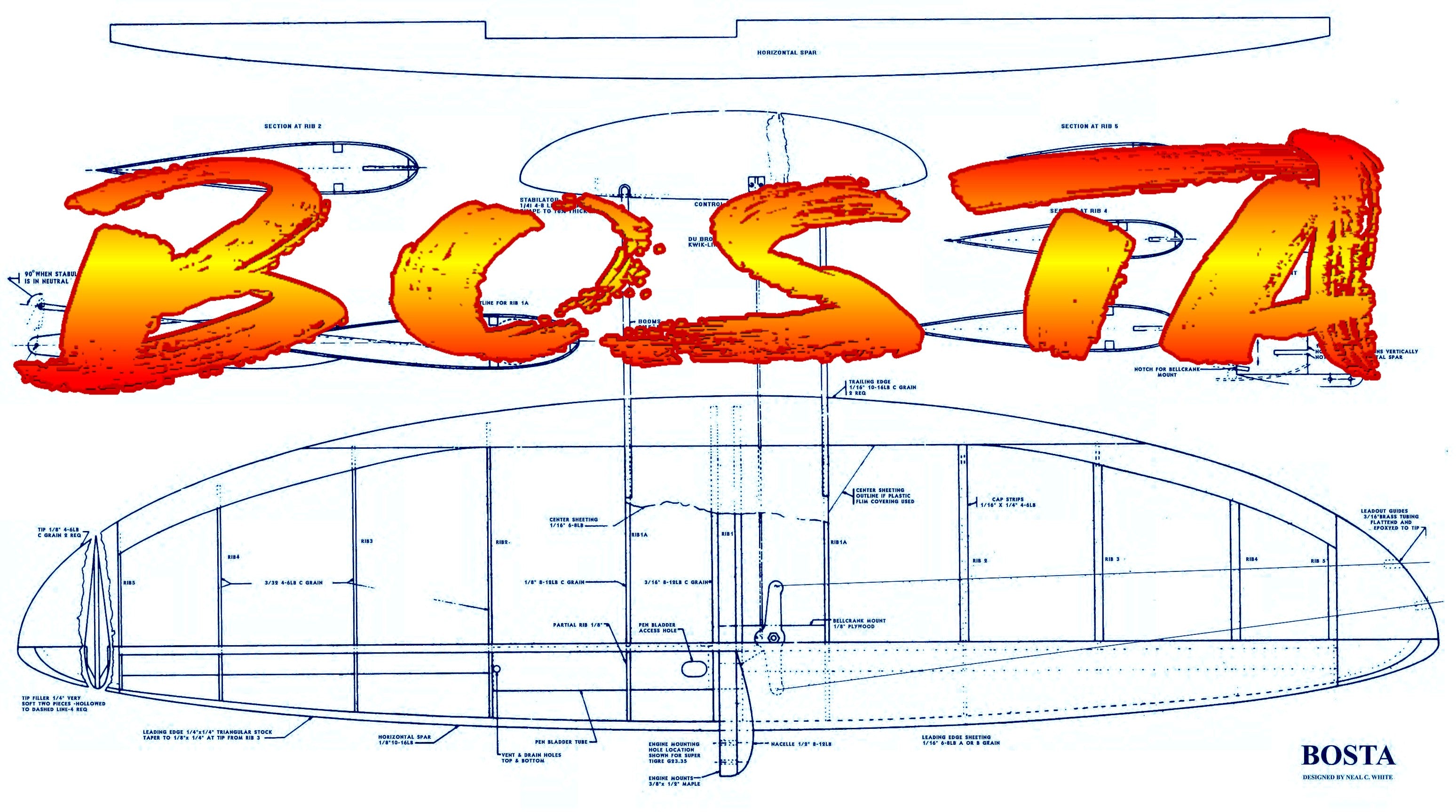 full size printed plan & building notes elliptical wing combat ship *bosta* w/s 38" engine .35