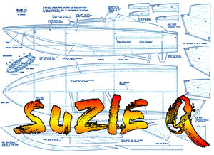 full size printed plan vintage 1965 semi-scale offshore power boat racer "suzie q" for radio control