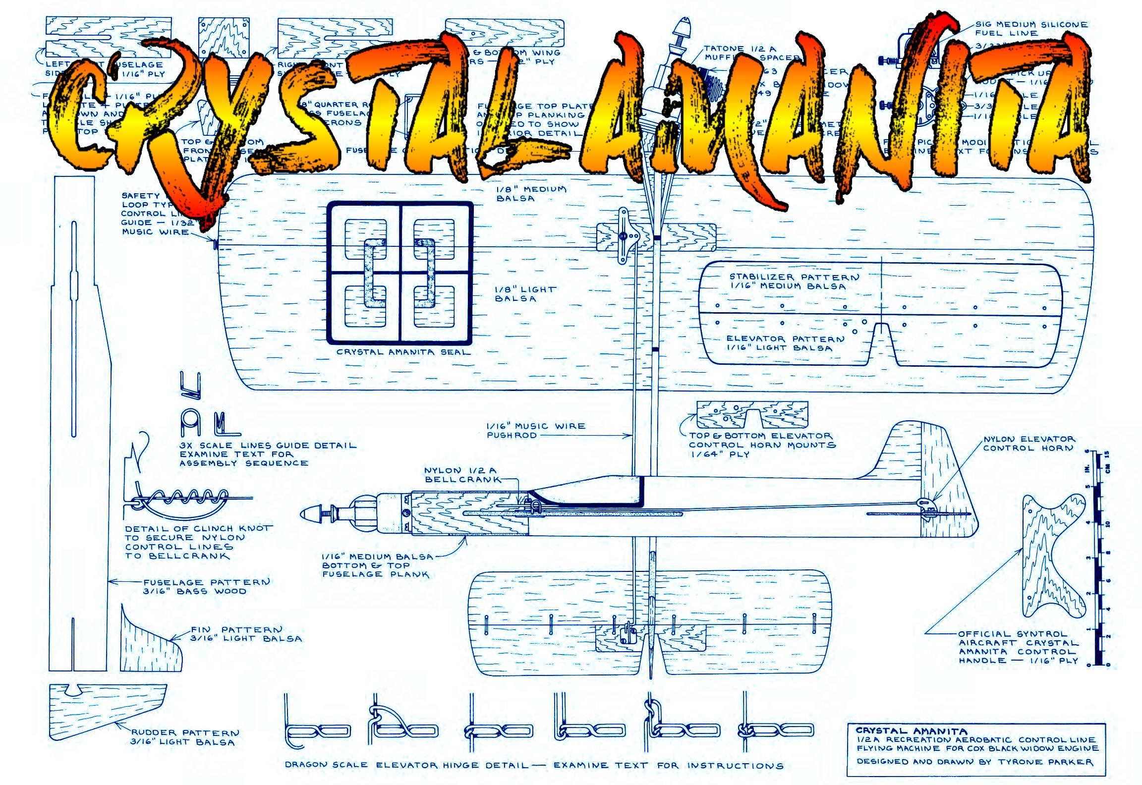 full size printed plan to build a 1/2 a control line sport stunt airplane crystal amanita