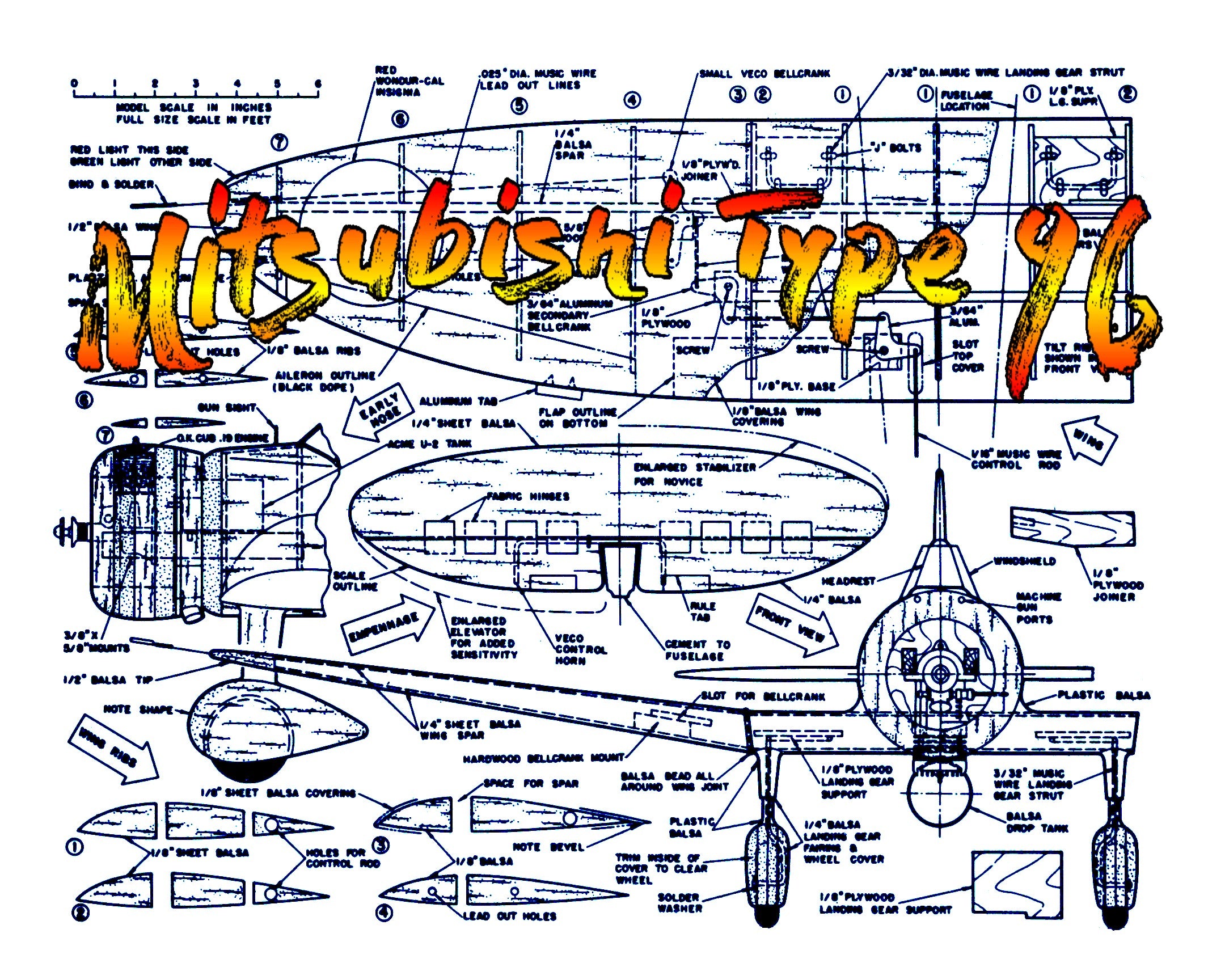 full size printed plan scale 1” = 1' control line wingspan 36" mitsubishi type 96