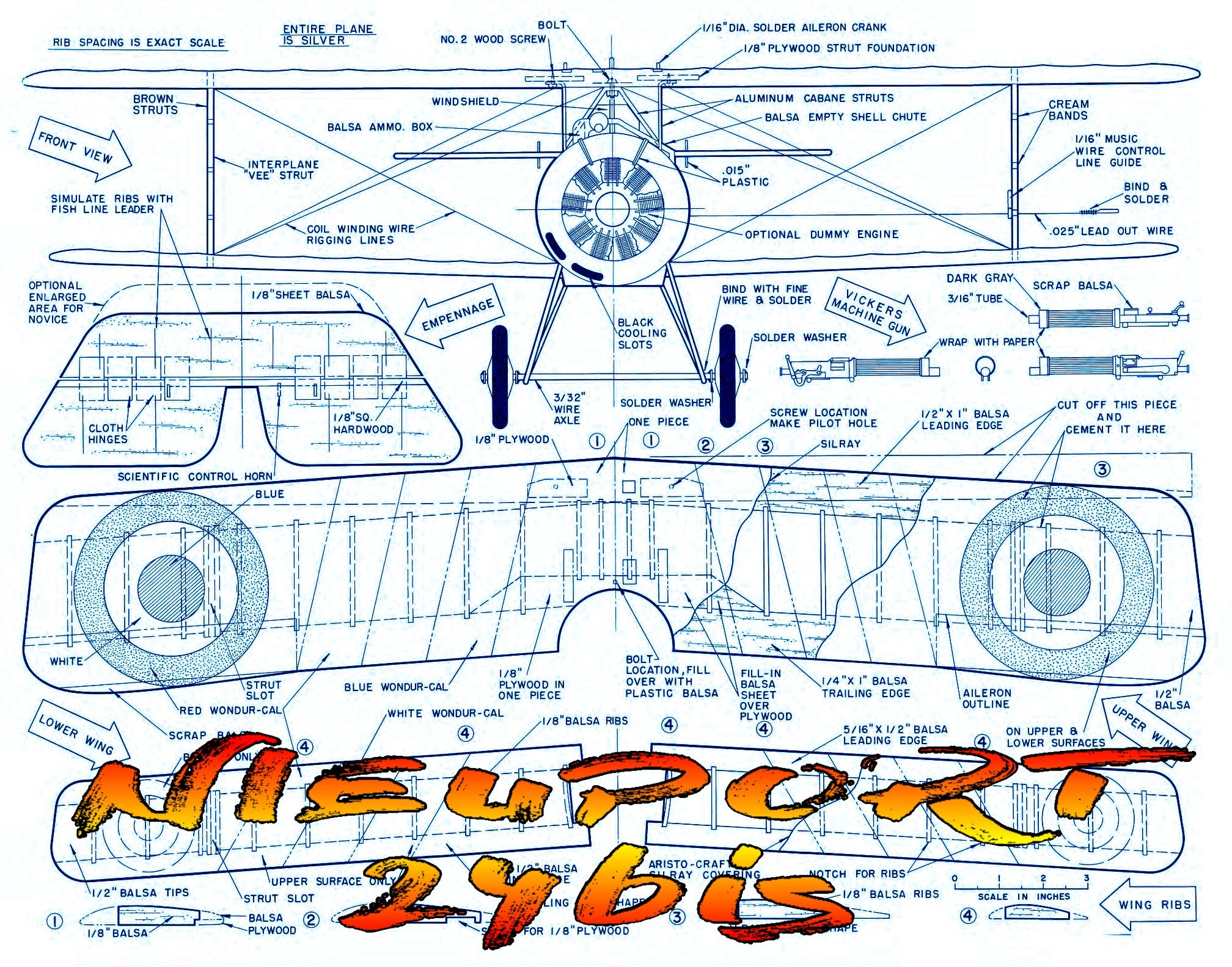 full size printed plans control line  scale 1” = 1’ nieuport 24bis wingspan 27”  engines .14 - .29