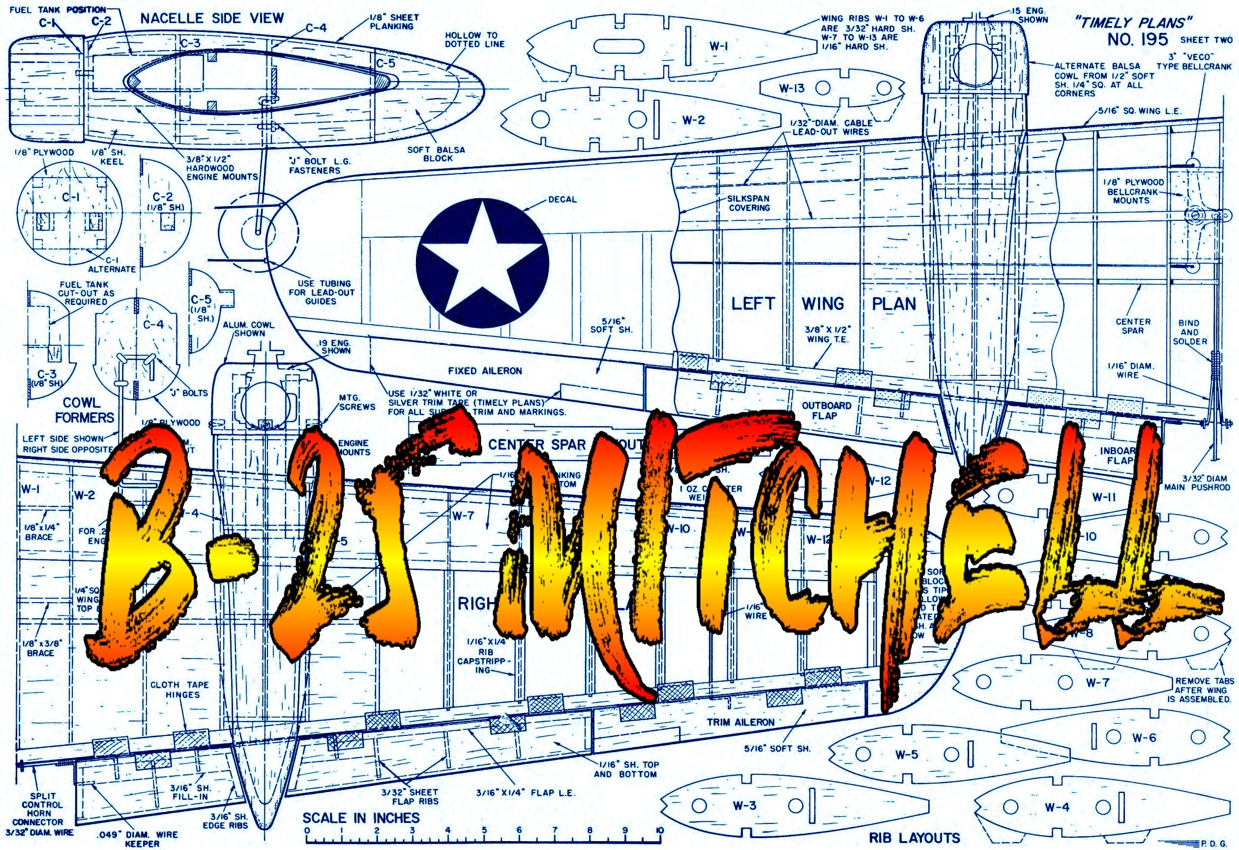 full size printed plans vintage 1963 semi-scale twin engine stunter b-25 mitchell