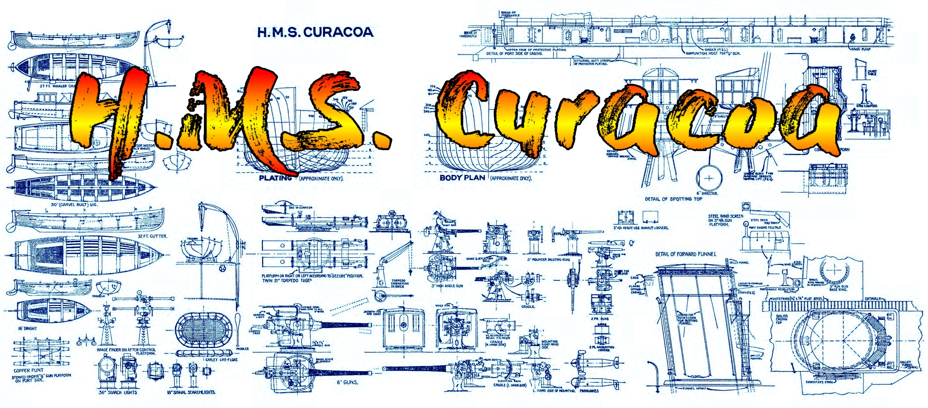 full size printed line drawings  scale 1:96 c-class light cruiser. hms curacoa l 57 1/2" suitable for radio control