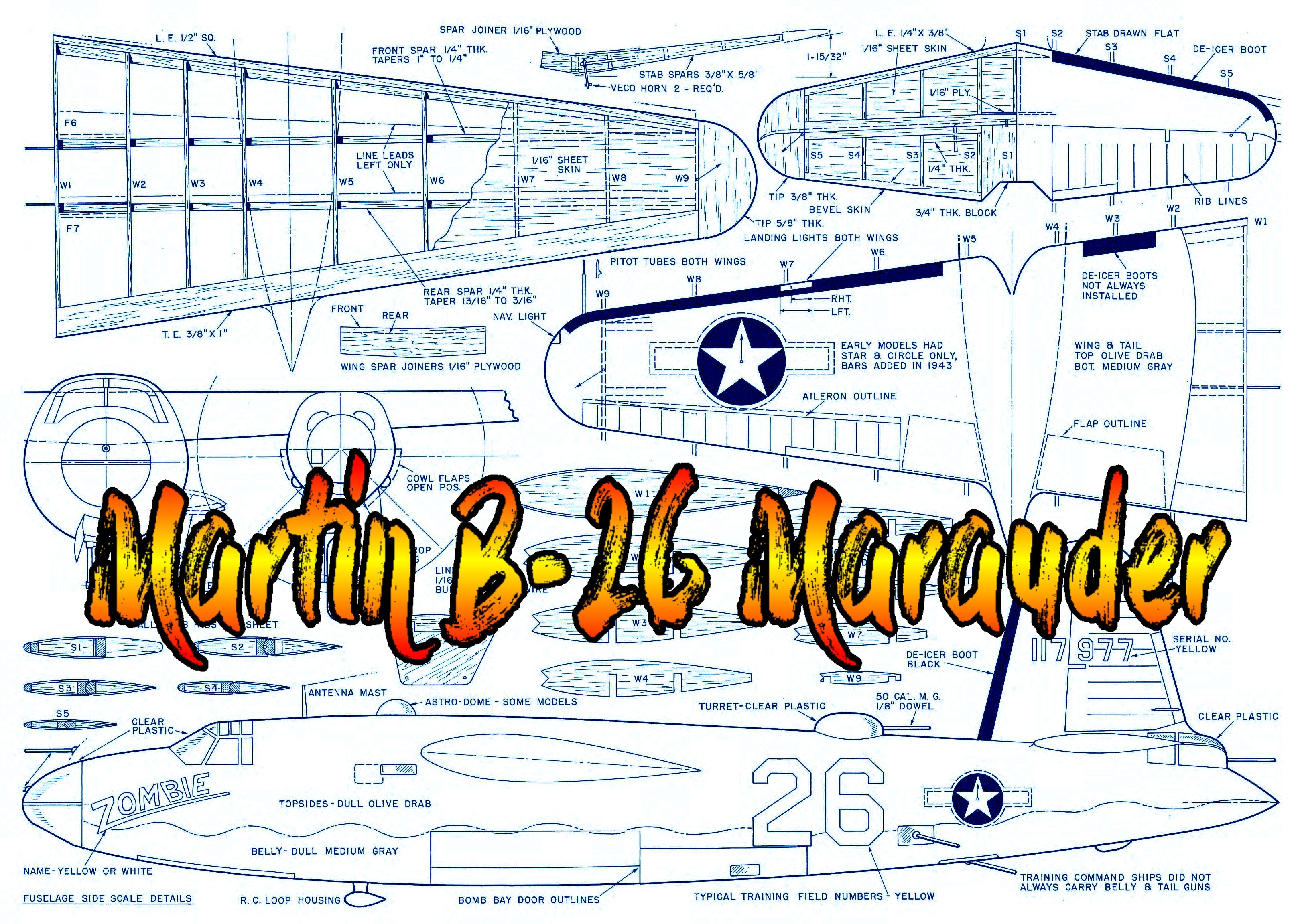 full size printed plan scale 1:16 control line martin b-26 marauder you may wish to convert to radio control
