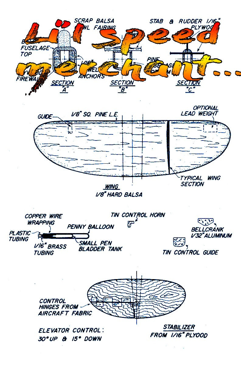 full size printed plan  1/2 a control line speed  lil’speed merchant. easy to build wingspan 9’