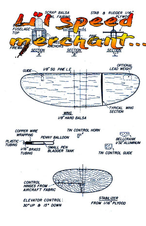 full size printed plan  1/2 a control line speed  lil’speed merchant. easy to build wingspan 9’