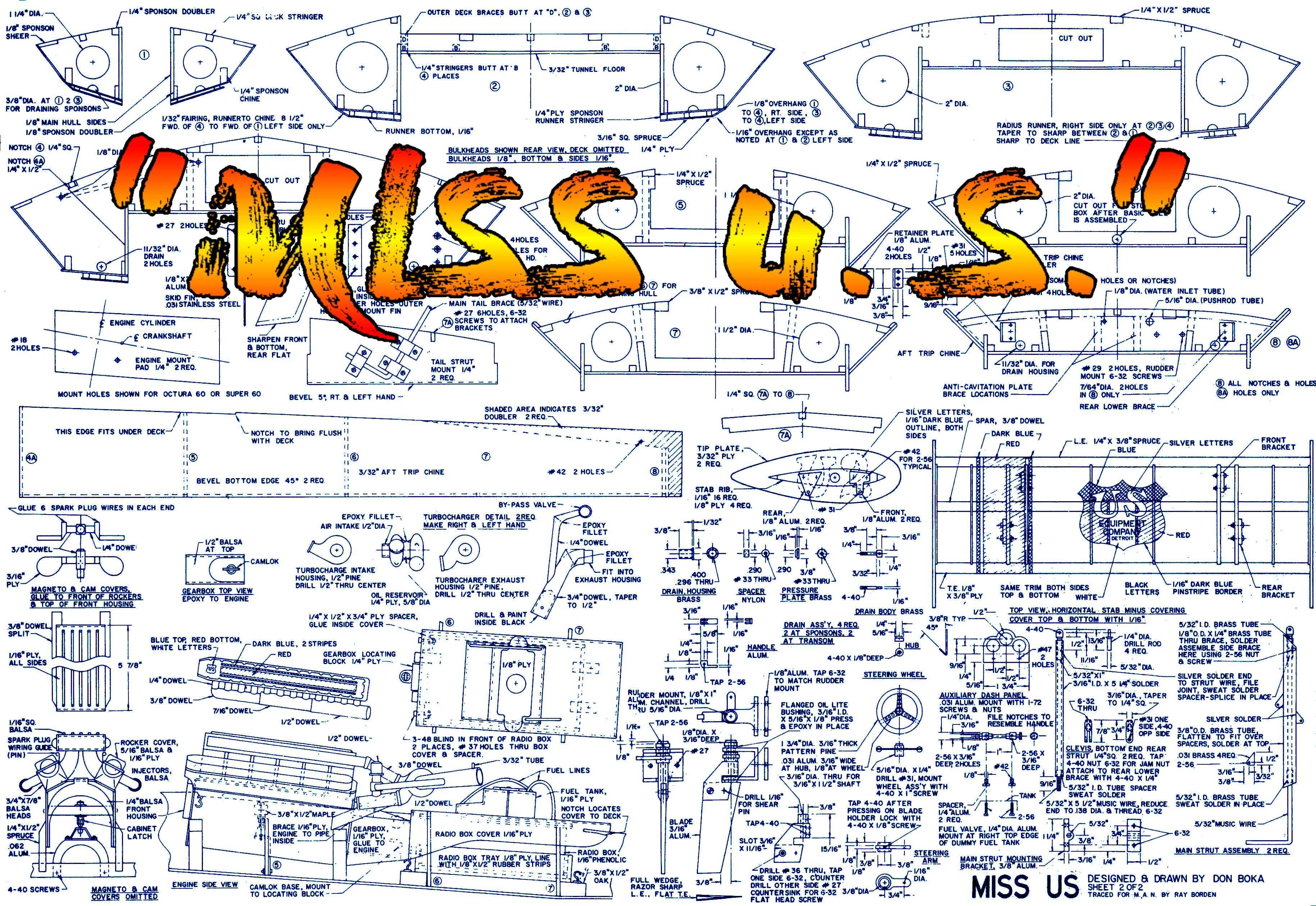 full size plans standoff scale 1/8 "miss u. s.”  unlimited hydroplane l 44" for radio control