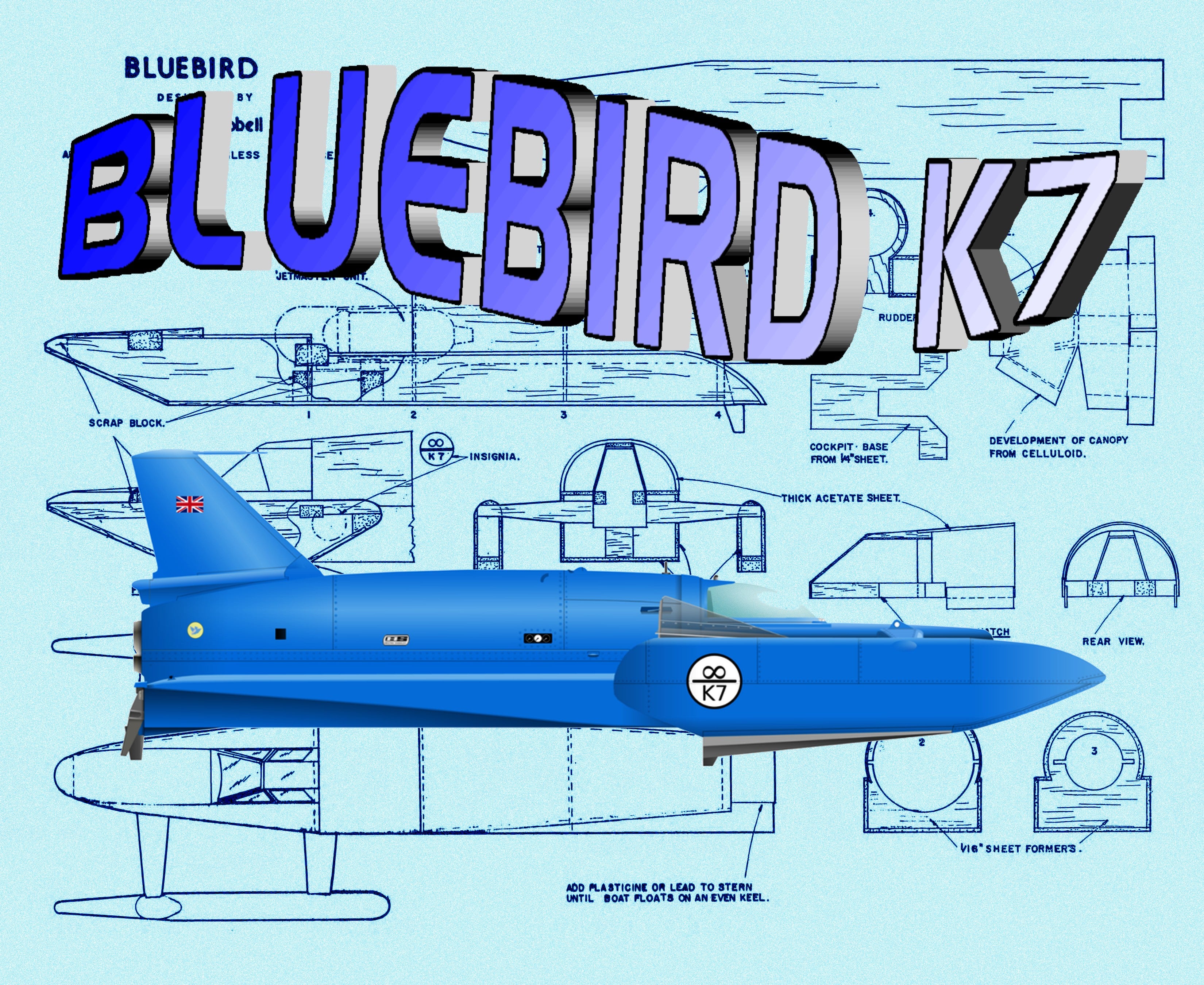 build semi-scale 1:24 bluebird k7 water speed boat full size printed plan & article