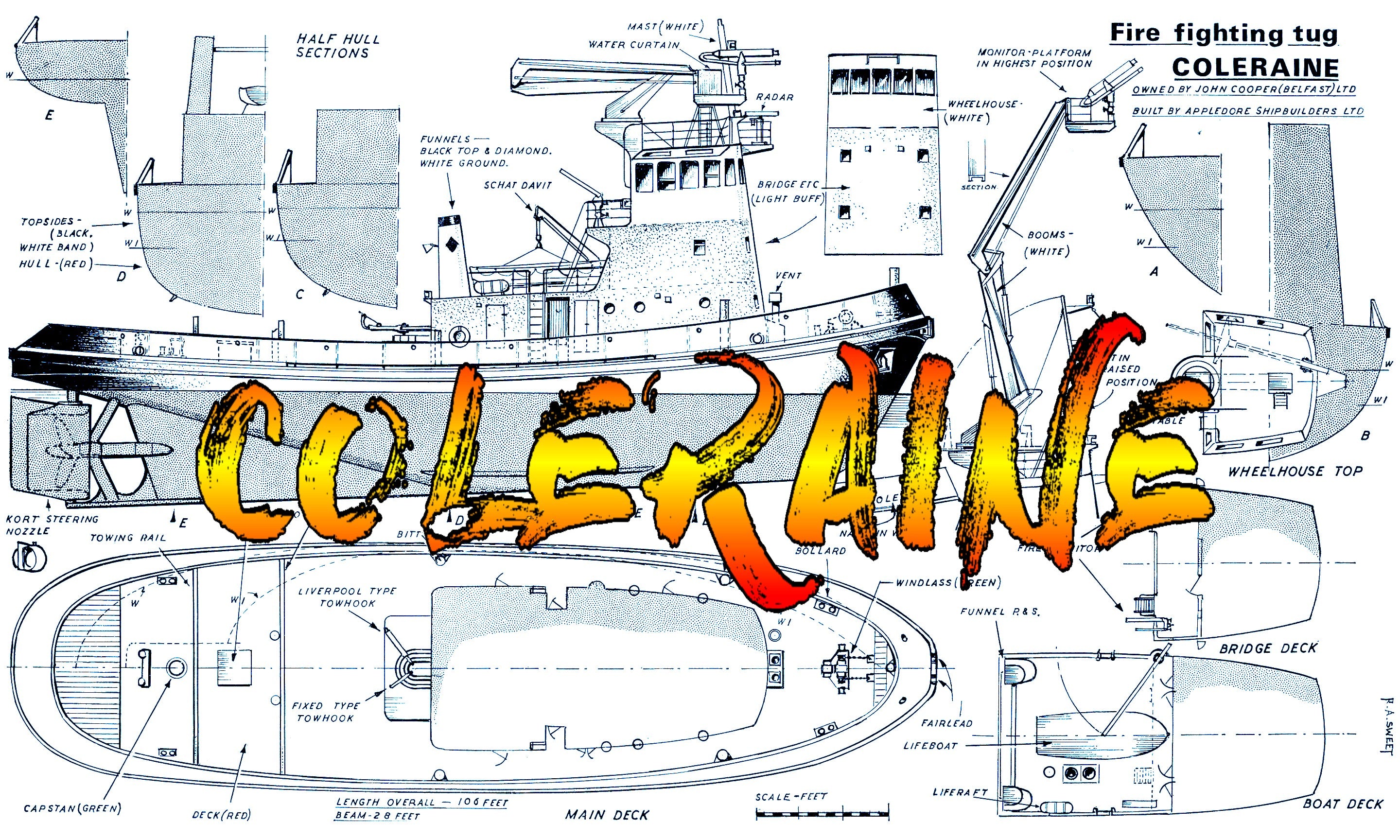 full size printed plans scale 1/48 firefighting tug coleraine suitable for radio control