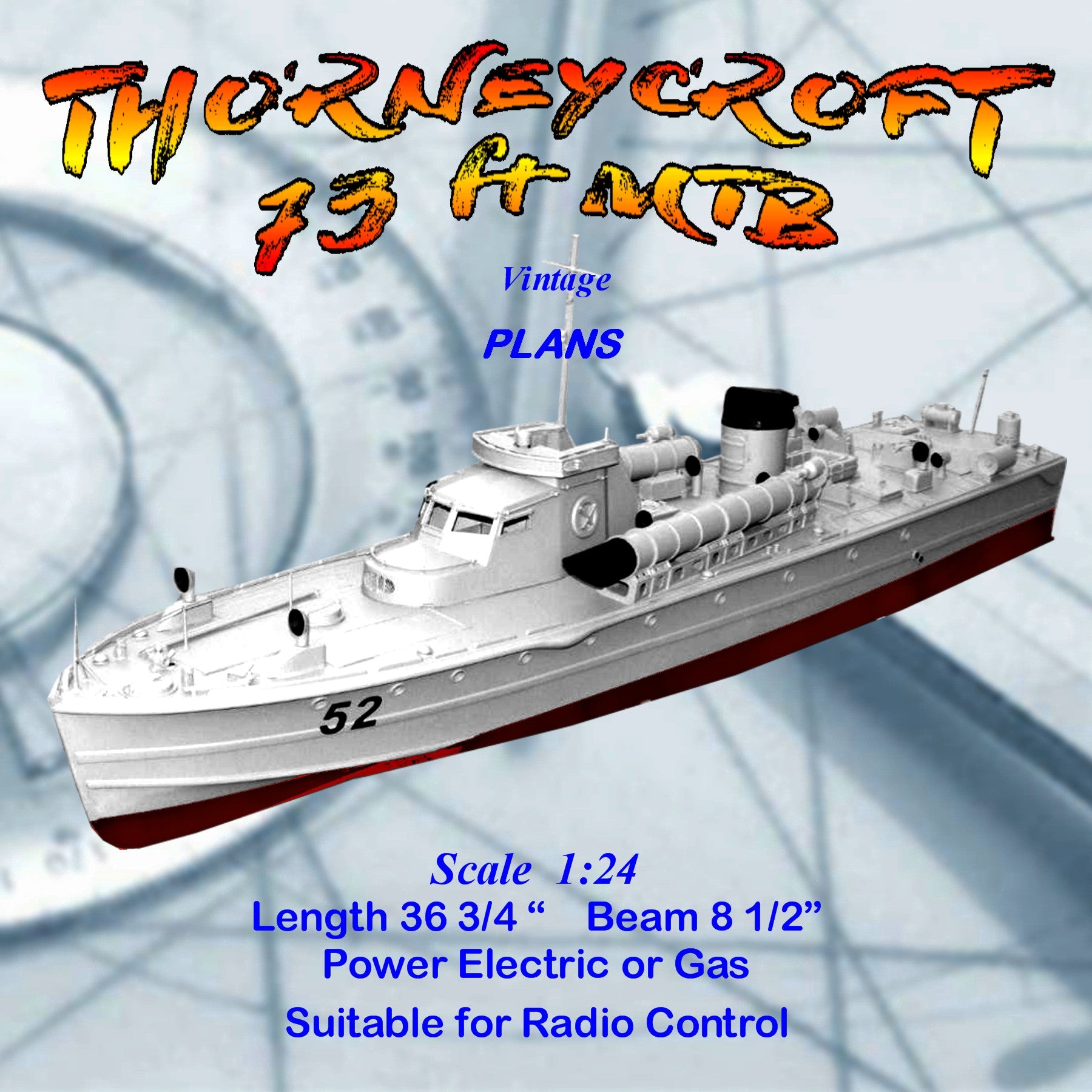 full size printed plan scale 1:24 thorneycroft 73 ft mtb power electric or gas  suitable for radio control