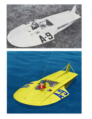 full size printed plan 1968 record breaking hydro "snoopy" l 28” b 13 3/8”  engine .19 for radio control