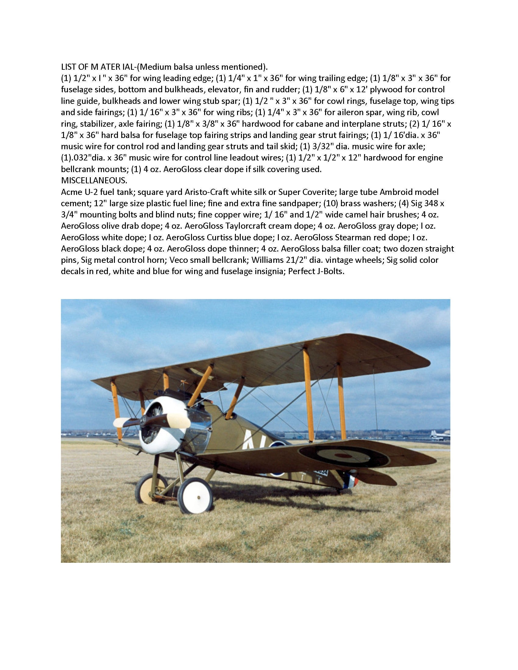 full size printed plans control line  standoff scale 1”= 1' sopwith camel wingspan 26 9/16”  engine .19