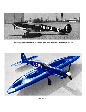 full size printed plan 1968 semi scale spitfire control line stunt  wingspan 50”  engine .35