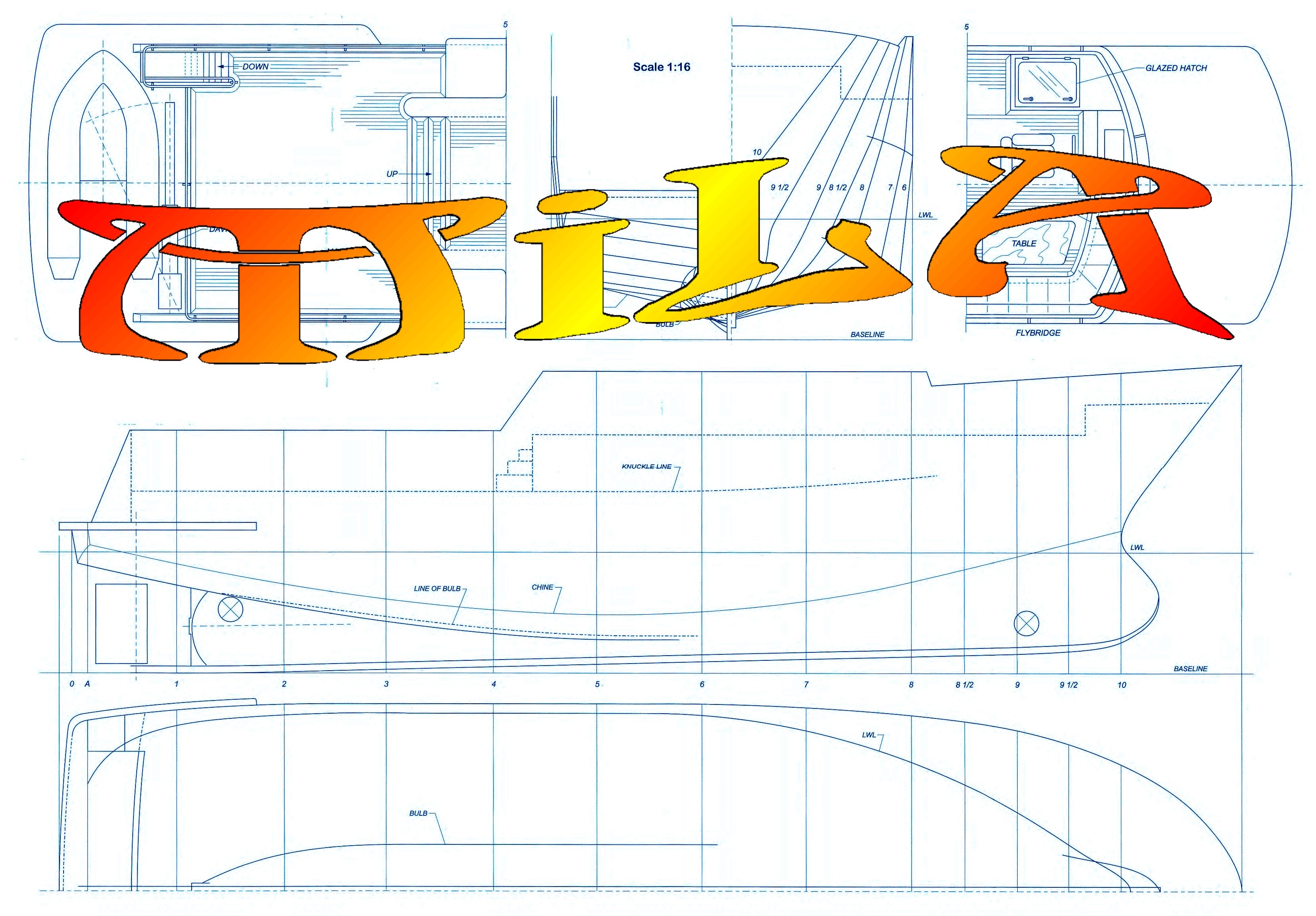 full size prinrted plan to build a 1:16 scale  bering motor yacht 41" suitable for radio control