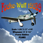 full size printed plan and building notes focke-wulf 190d9 scale 1:24 (1/2”=1ft)  wingspan 17 3/16”  power rubber