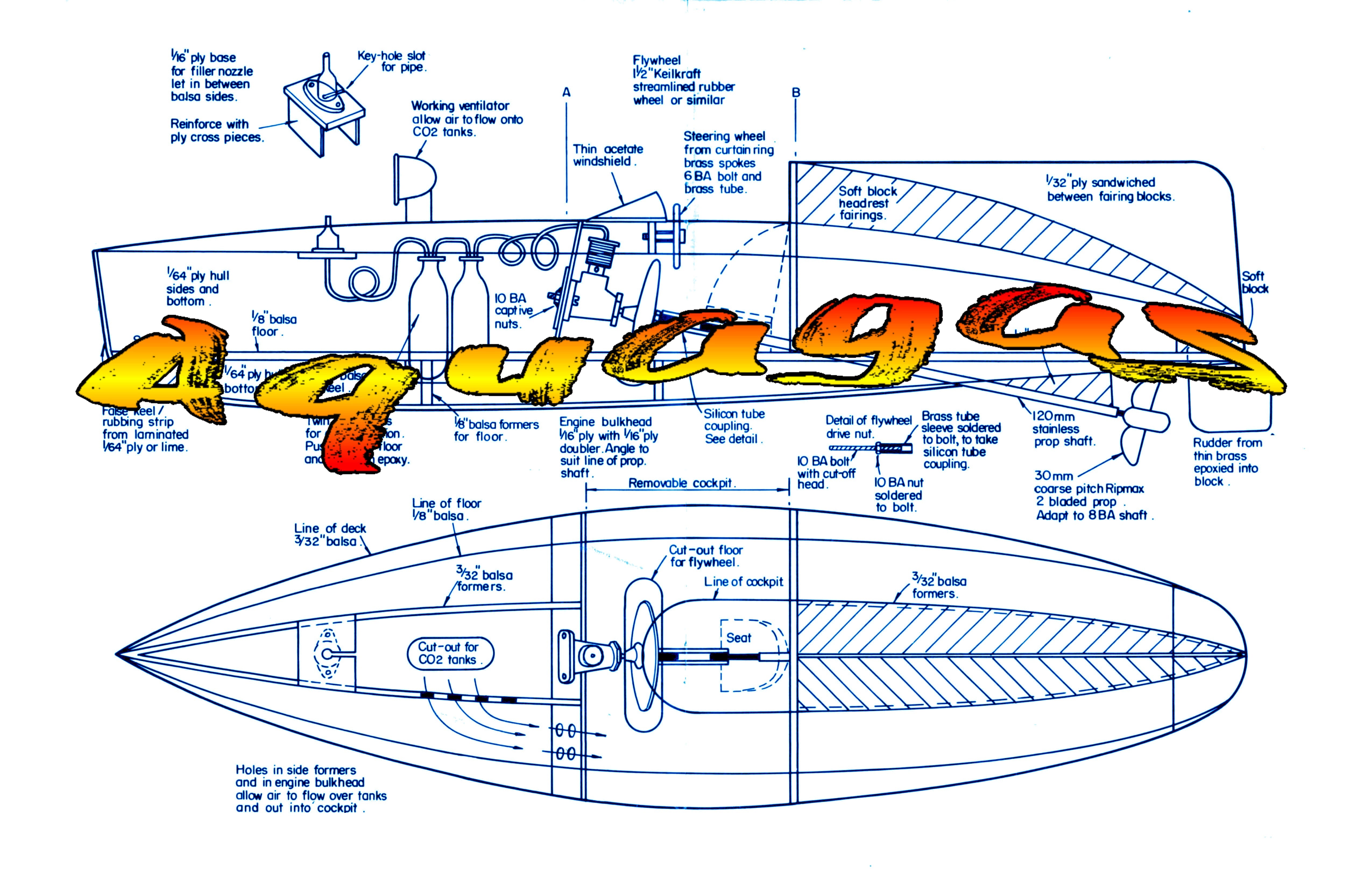 printed plan project for beginners aquagas boat length 15"  power co2