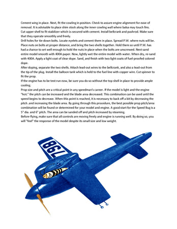 full size printed plan  1/2 a 1952 control line speed speed bug wingspan 9 "  engine .049