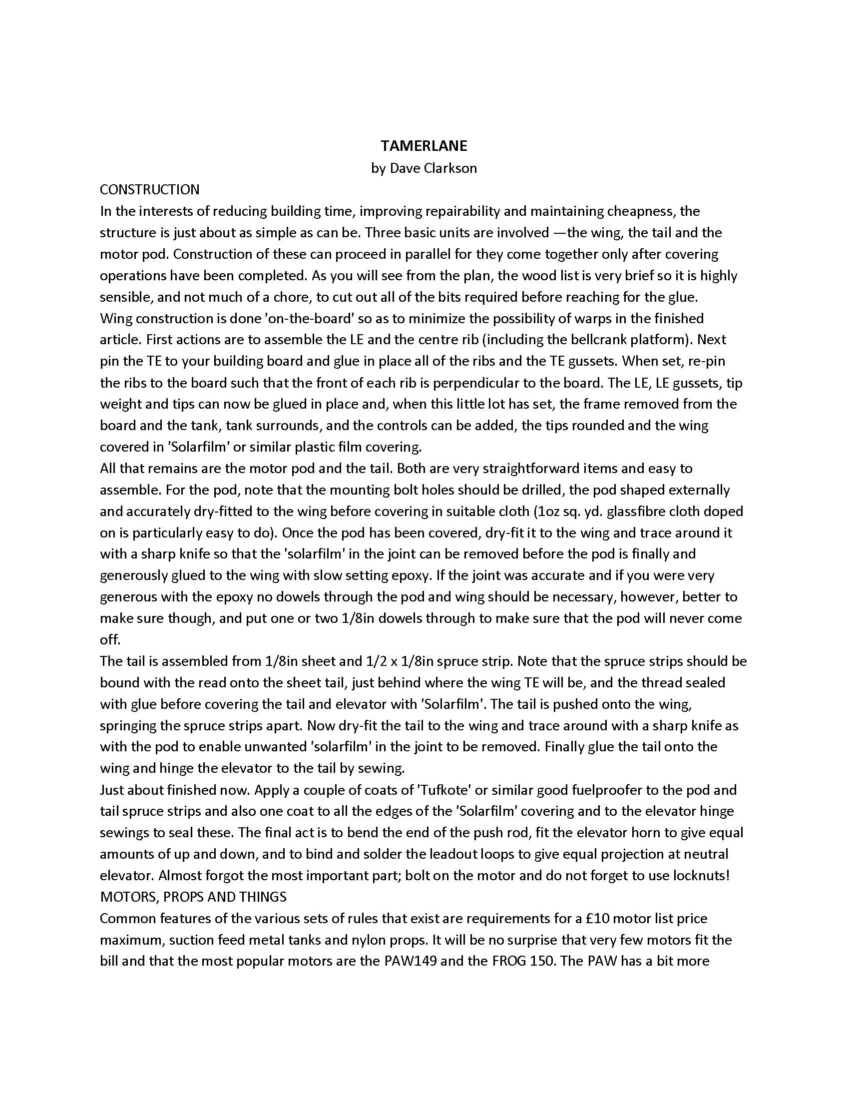 full size printed plan & building notes  ultimate' 1/2 a combat **tamerlane**  wingspan 28 or 36 inch