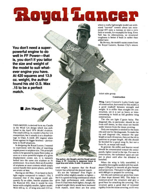 full size printed plans vintage 1983 freeflight "royal lancer" for .15 w/s 55"
