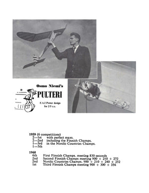 full size printed plan f.a.i. design "pulteri" free flight  wingspan 60”  engine .15
