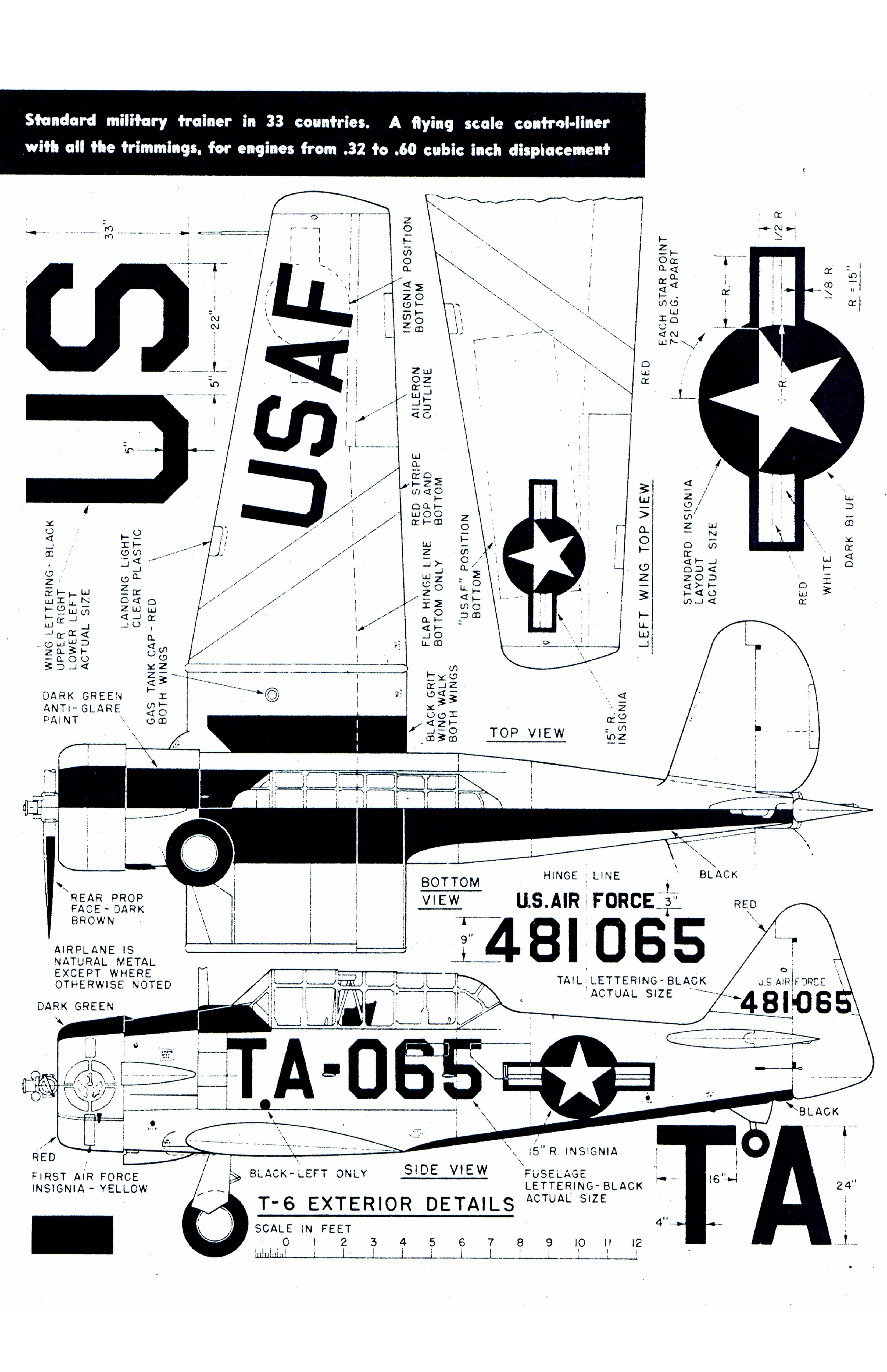 full size printed plans scale 1:12 control line north american's t-6 texan