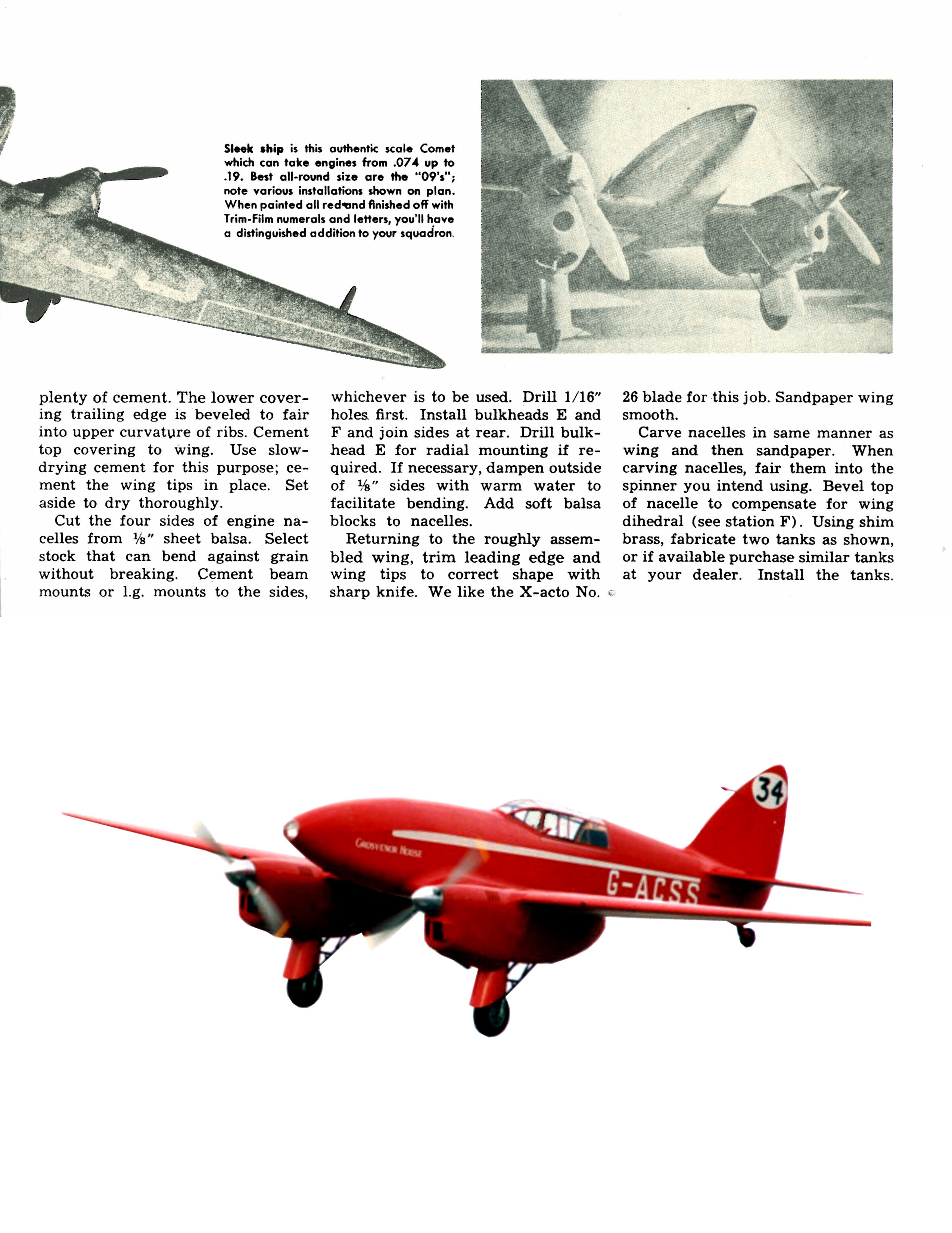 full size printed plans scale 1:16  control line 'comet dh 88' simple and economical construction