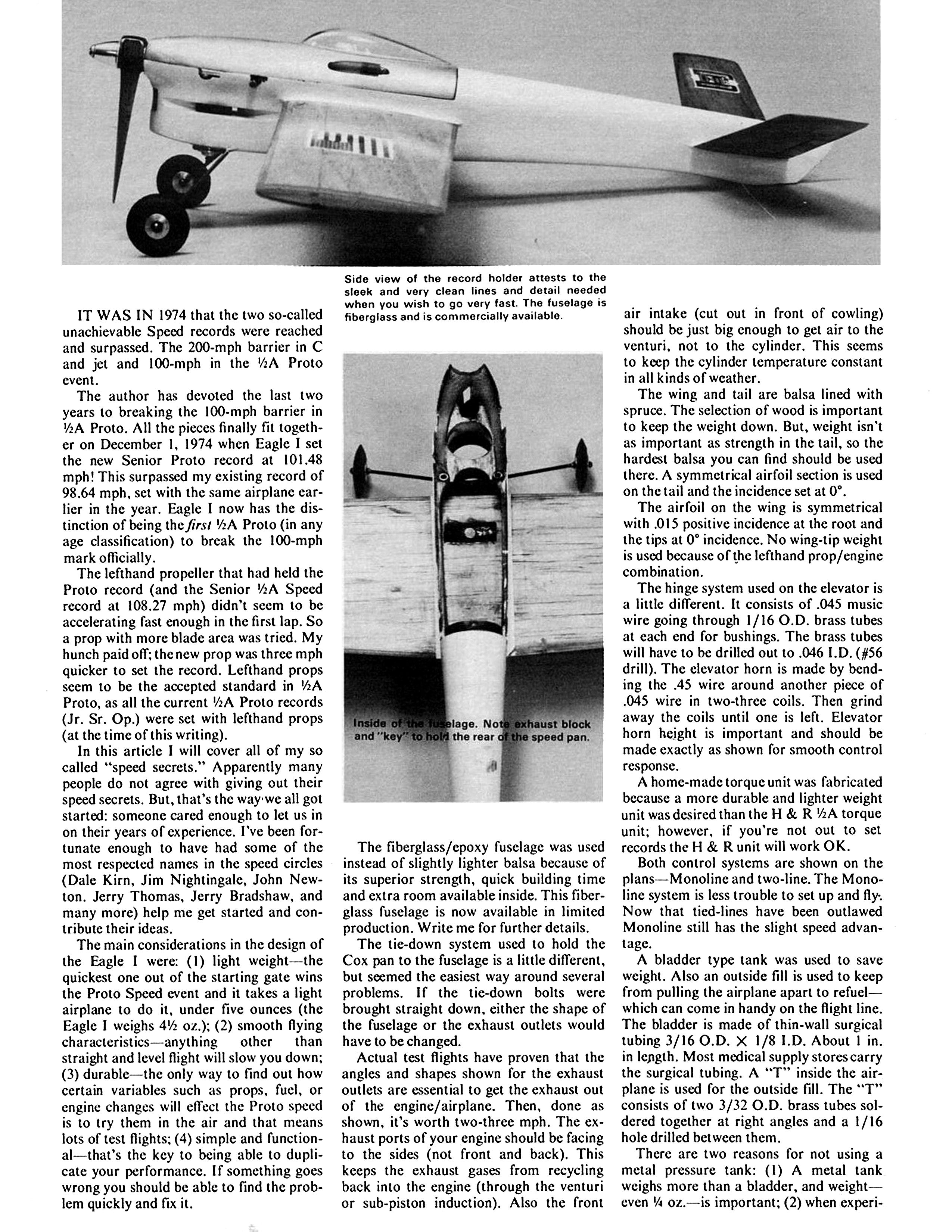 full size printed plan 1974 1/2 a control line speed eagle i wingspan 18 3/4"  engine 1/2a